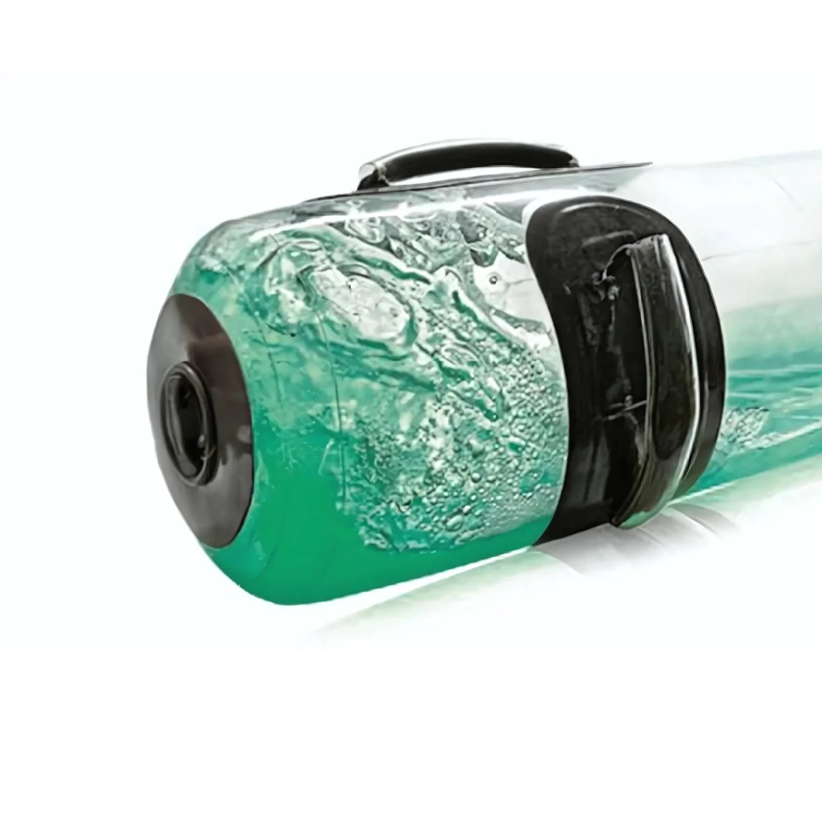A clear water bottle, partially filled with green liquid.
