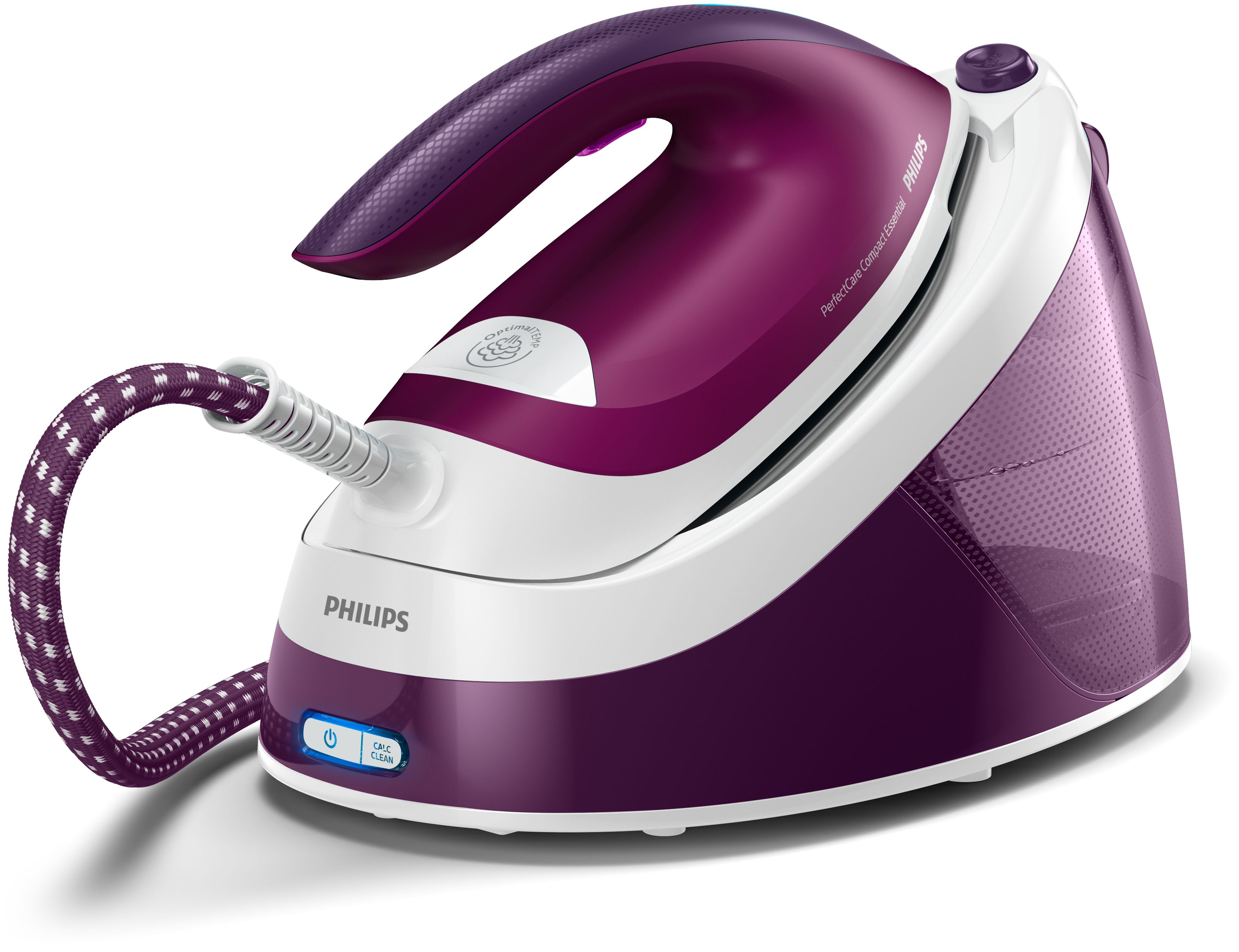 Una plancha de vapor Philips morada y blanca con depósito de agua y asa morada.