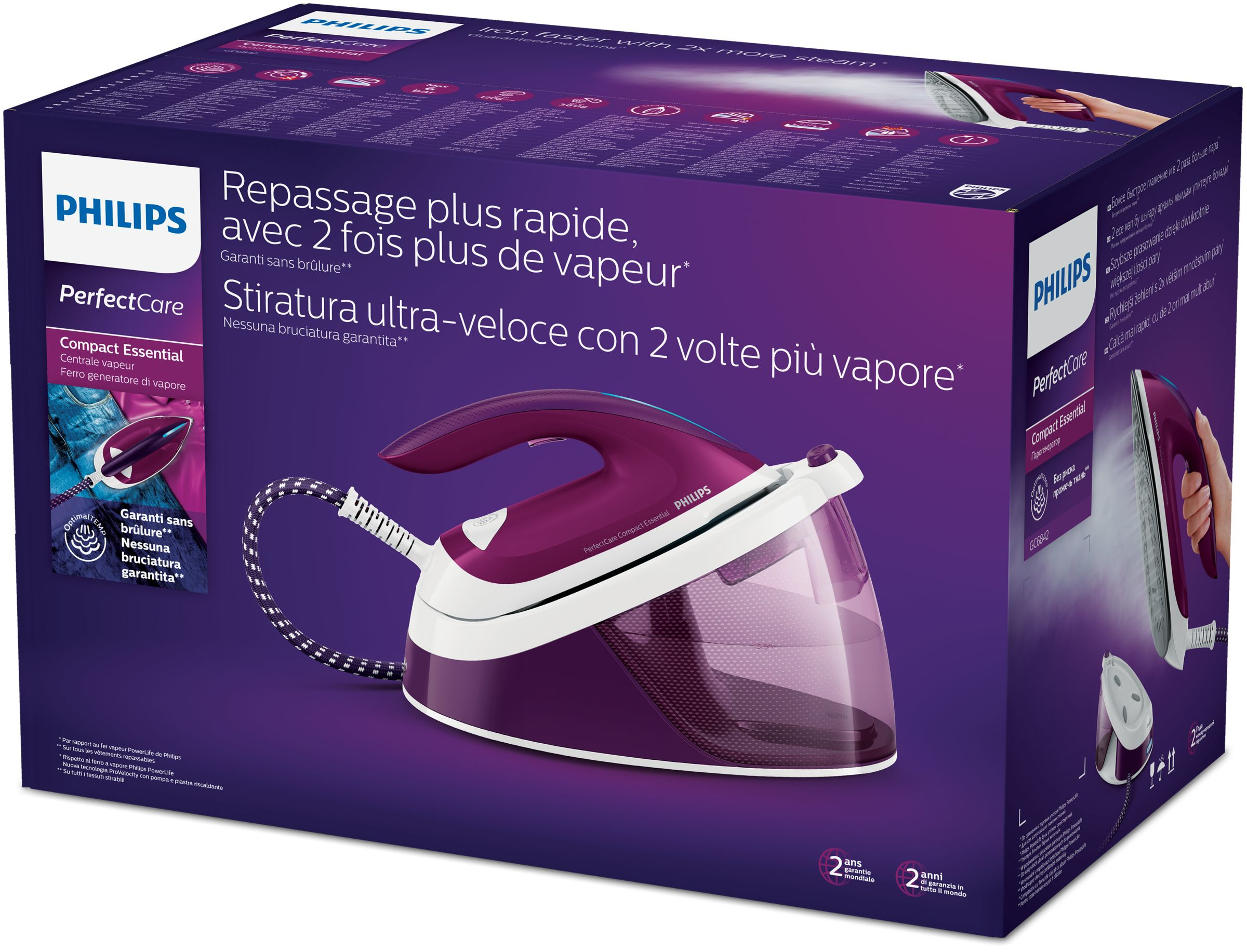 Caja de plancha con plancha dentro, colores morado y blanco.