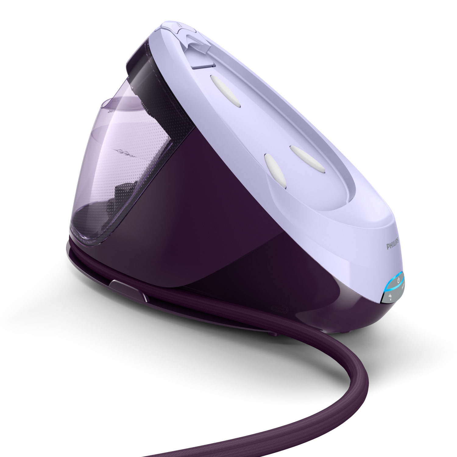 Vaporizador de ropa morado y blanco sobre fondo blanco. Tiene un depósito de agua y un cable de alimentación.