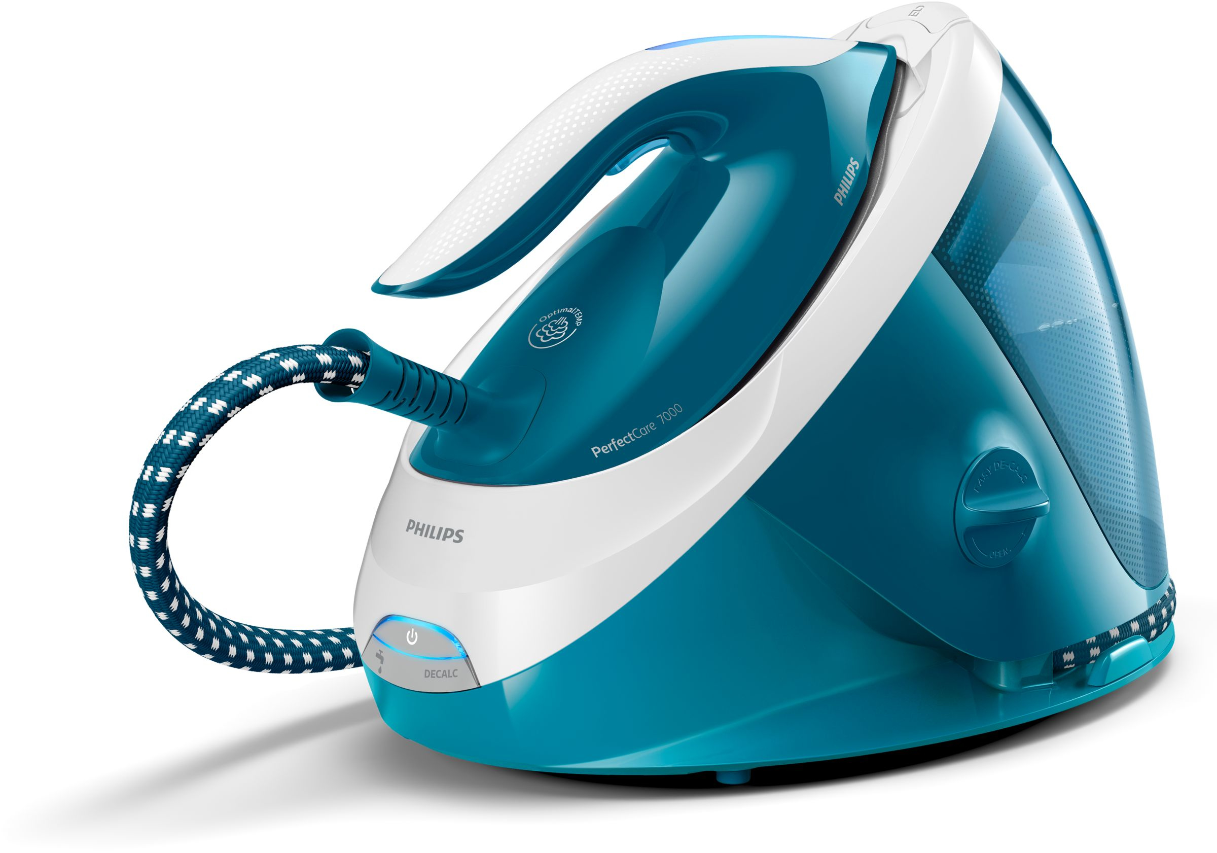 Mavi, beyaz ve siyah kablolu, turkuaz ve beyaz Philips PerfectCare ütü.