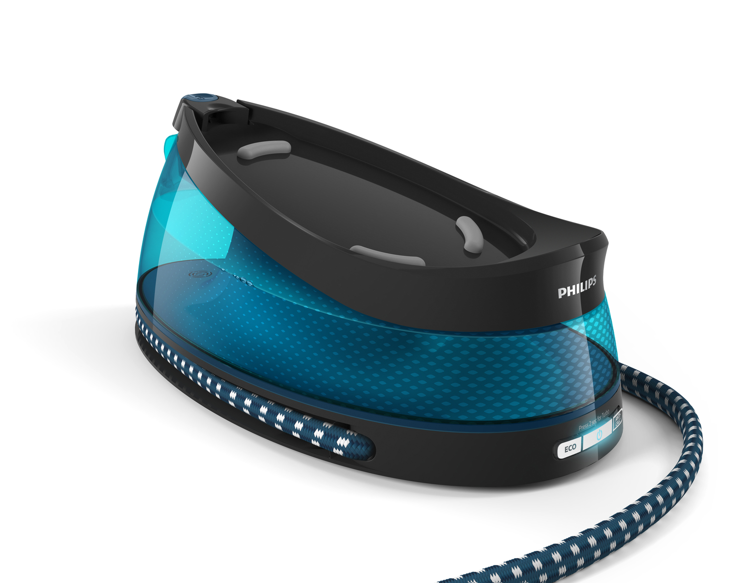 Close-up of blue and black iron. White background. Cord attached. 