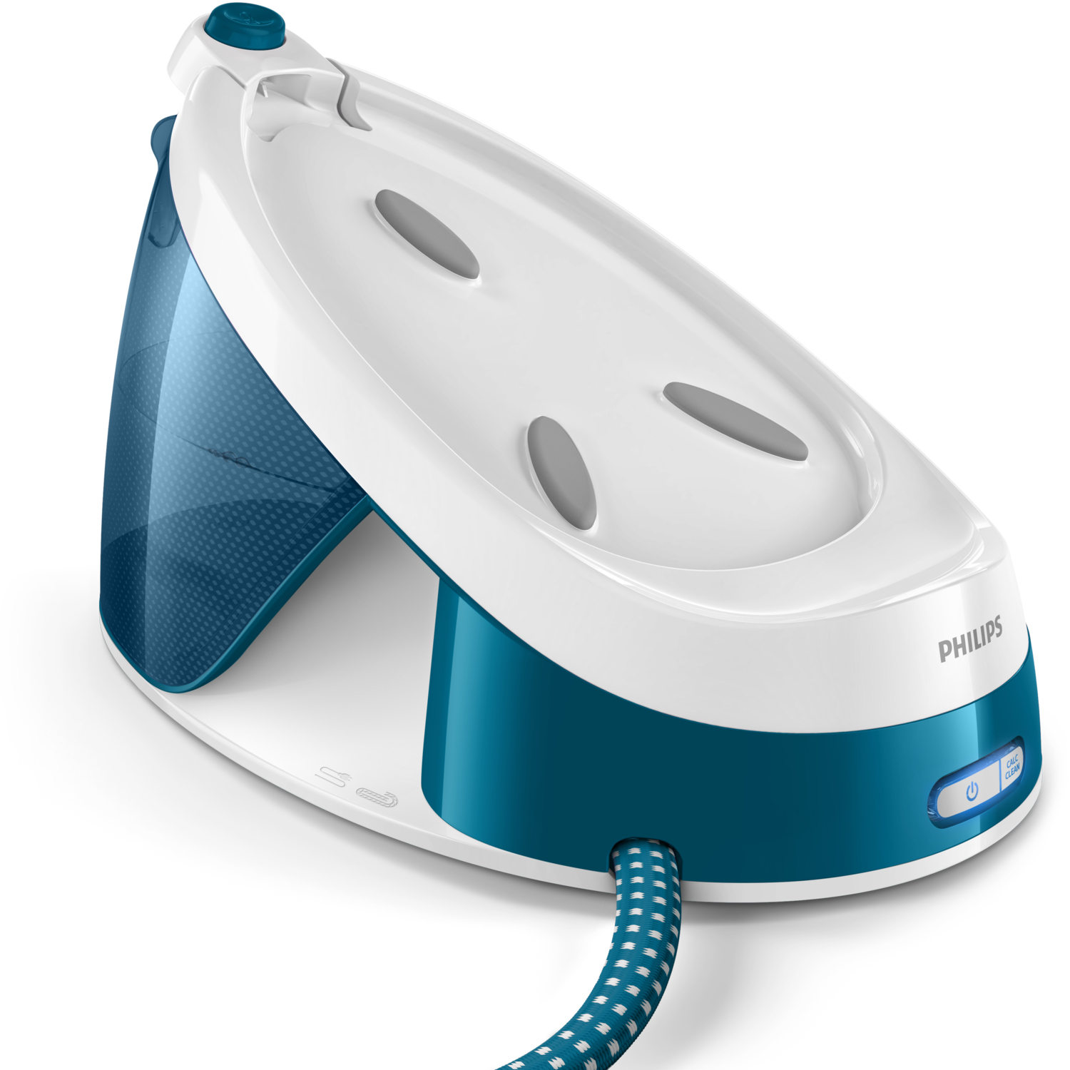 Plancha generadora de vapor Philips blanca y azul, vista en ángulo. Tiene manguera azul y base blanca.