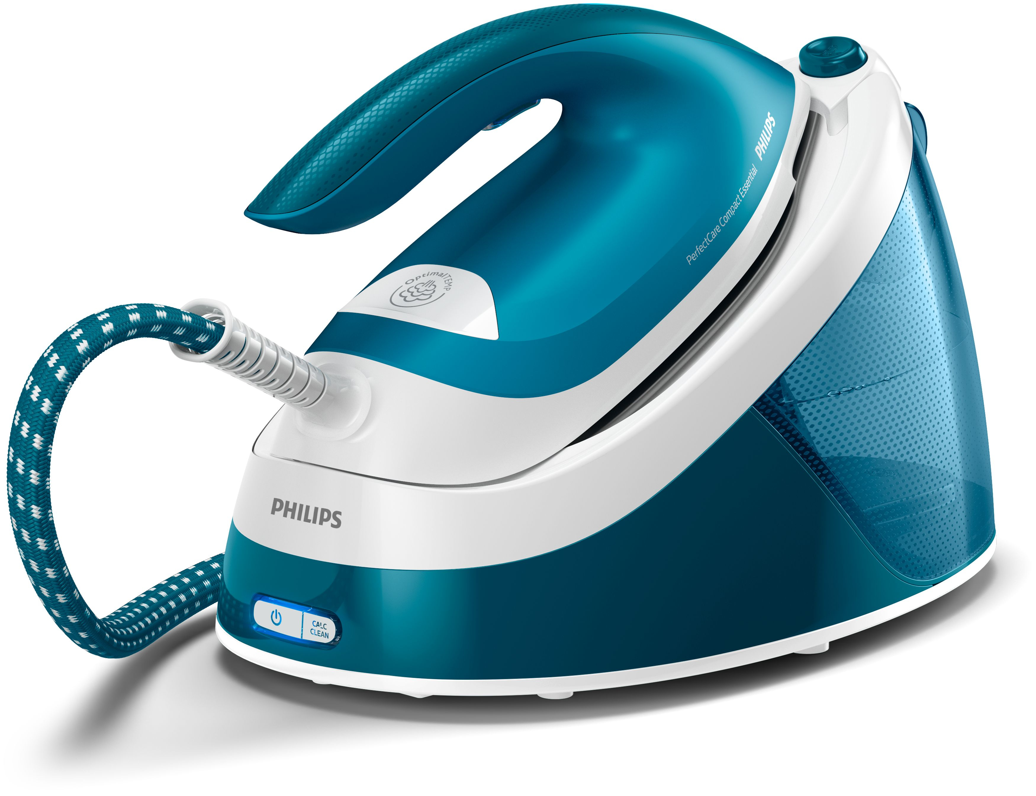 Una plancha de vapor azul y blanca con una manguera azul.