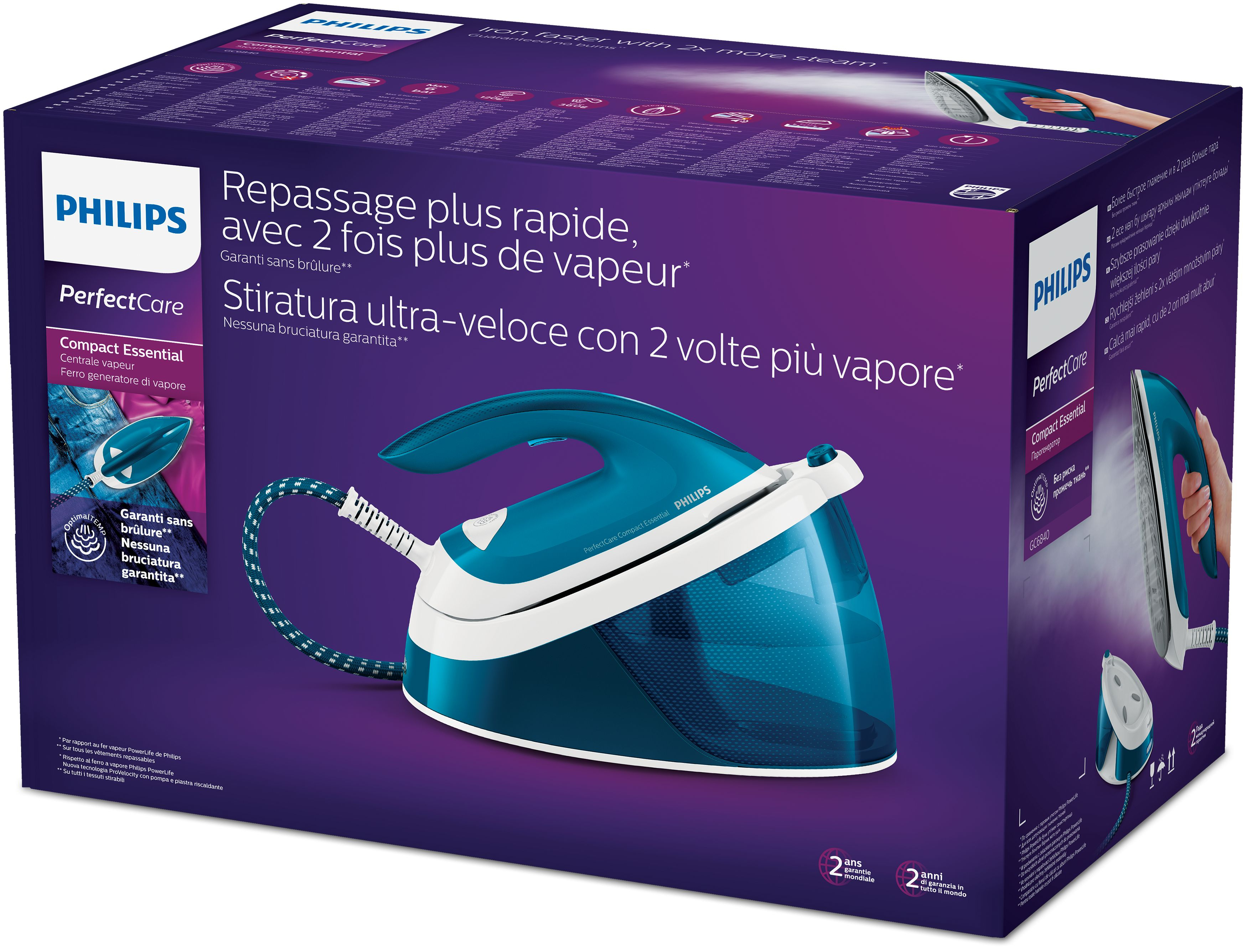 Caja de plancha Philips con plancha. Plancha turquesa y blanca sobre fondo morado. Texto en inglés, francés e italiano.