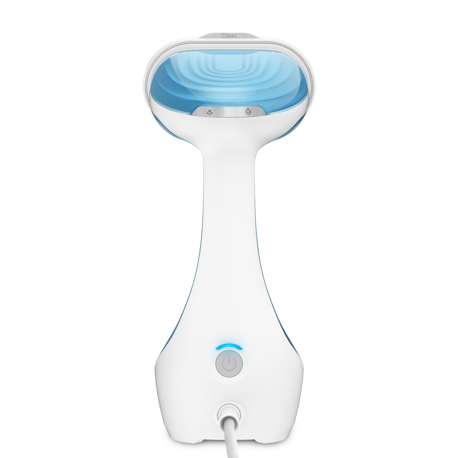 Vaporizador de prendas blanco y azul con luz azul y la palabra 'Clean'.