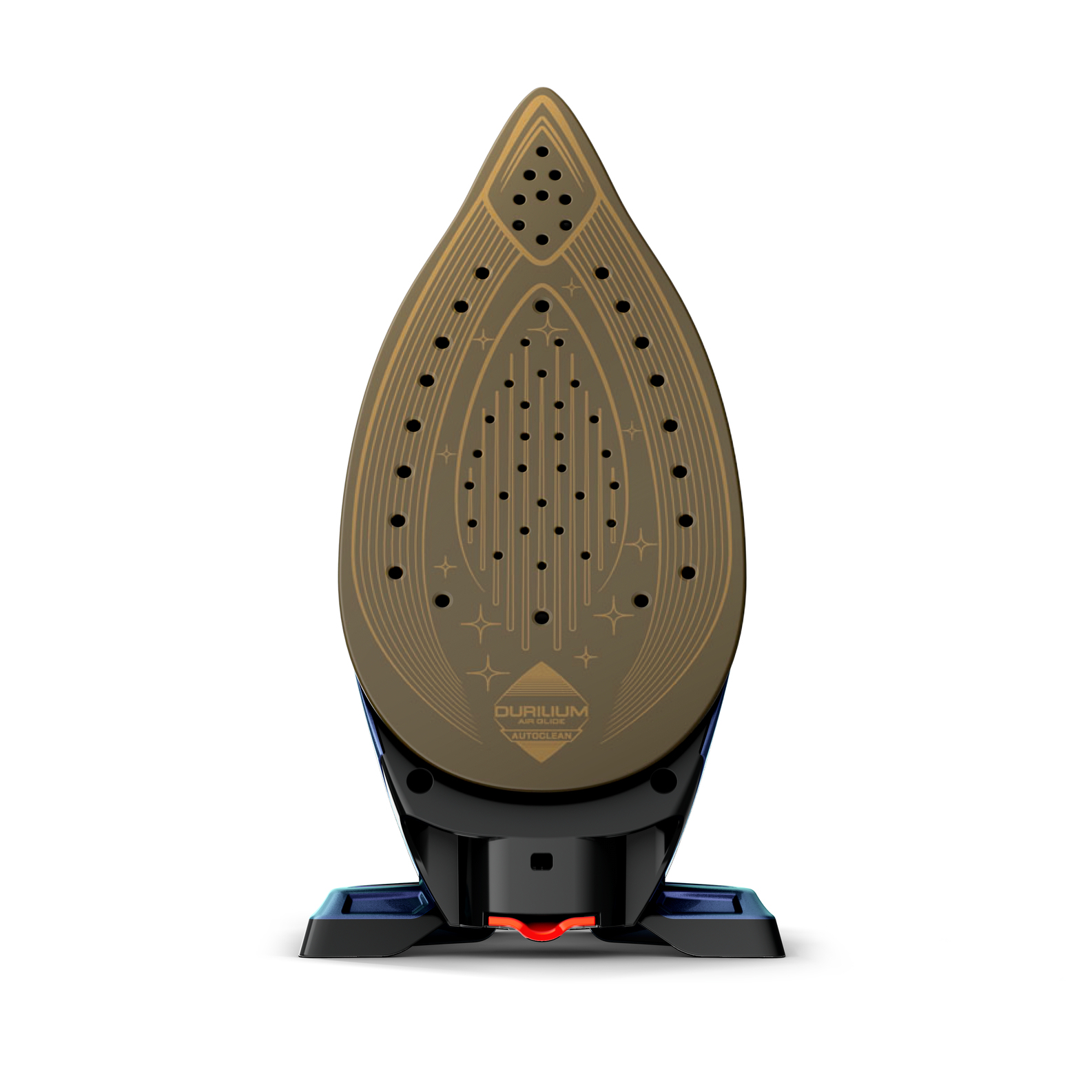 Zbliżenie na stopę żelazka. Złoty wzór na czarnej podstawie.