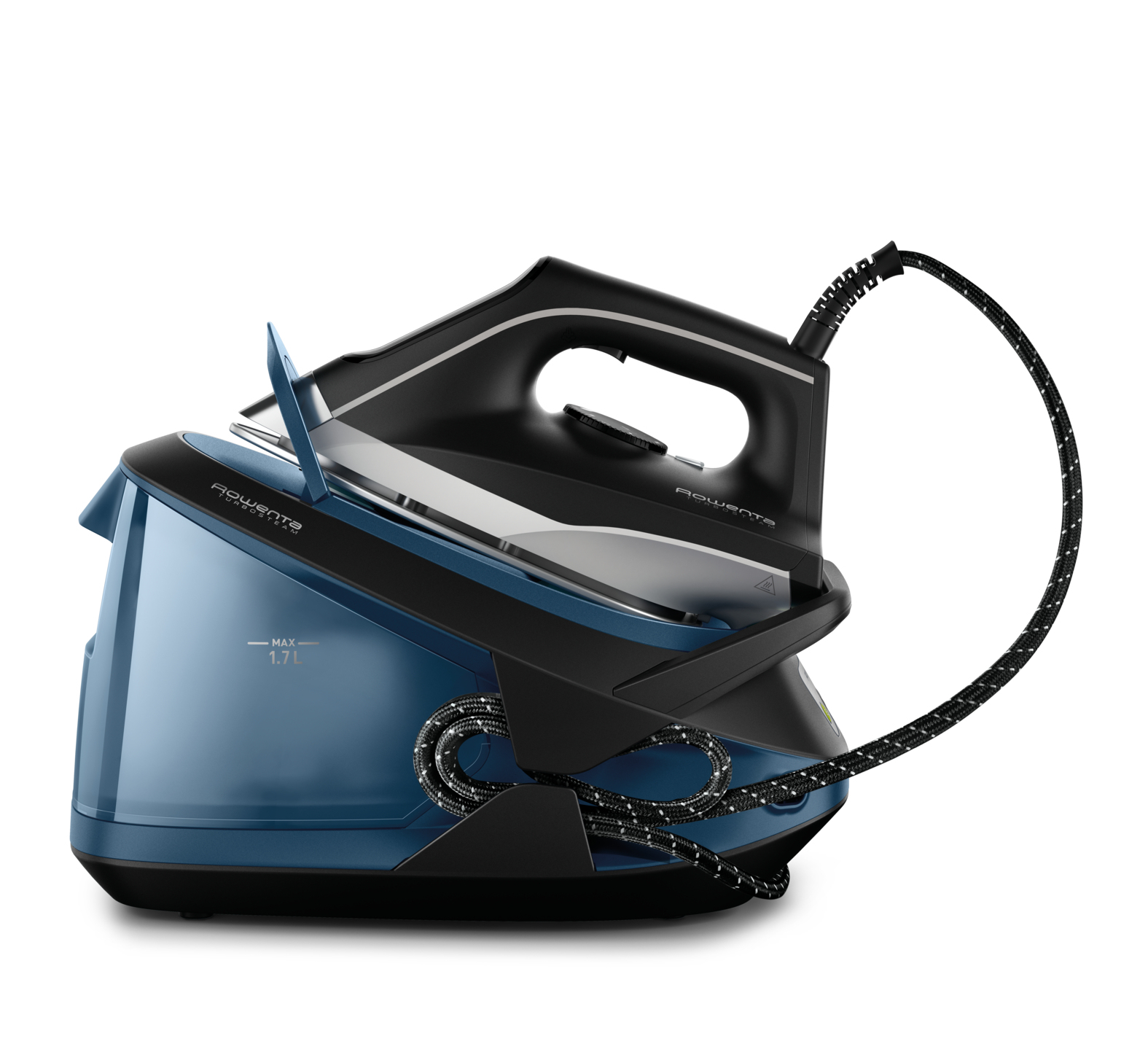 Bügeleisen, blau und schwarz, mit Wassertank und Kabel, isoliert auf weißem Hintergrund.