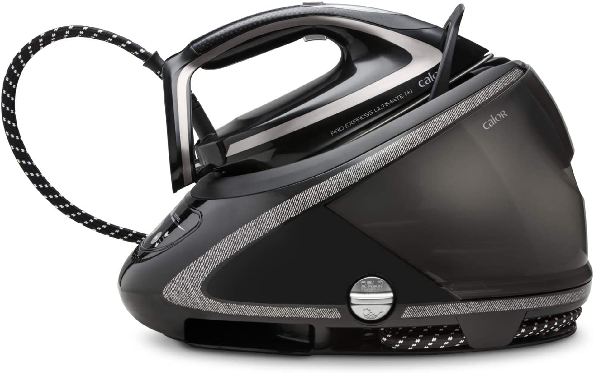 Ferro da stiro nero con base. Ha un design nero e argento e un manico nero.