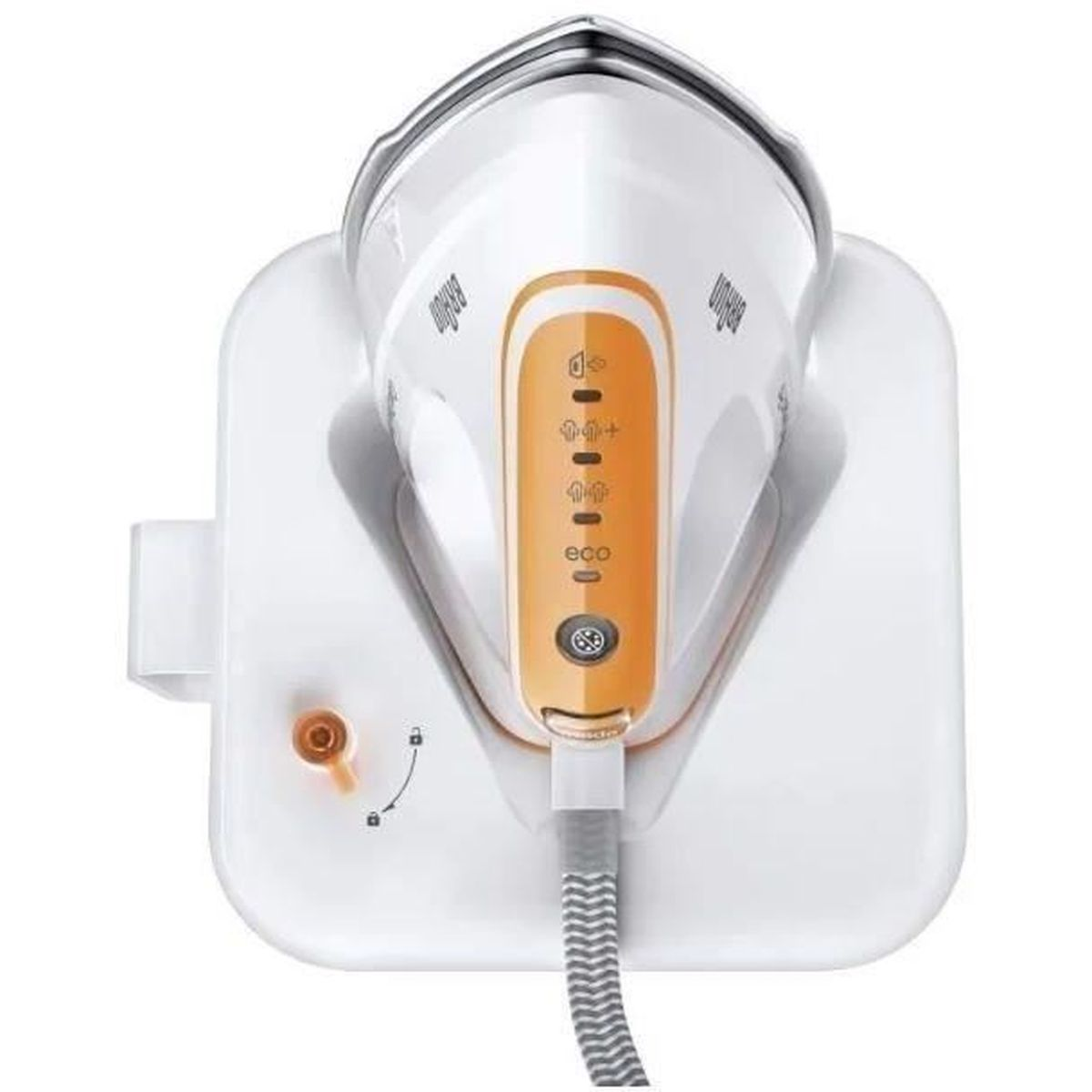 Weißes Bügeleisen auf weißer Basis. Es hat orangefarbene Details und Knöpfe. Das Kabel ist grau.