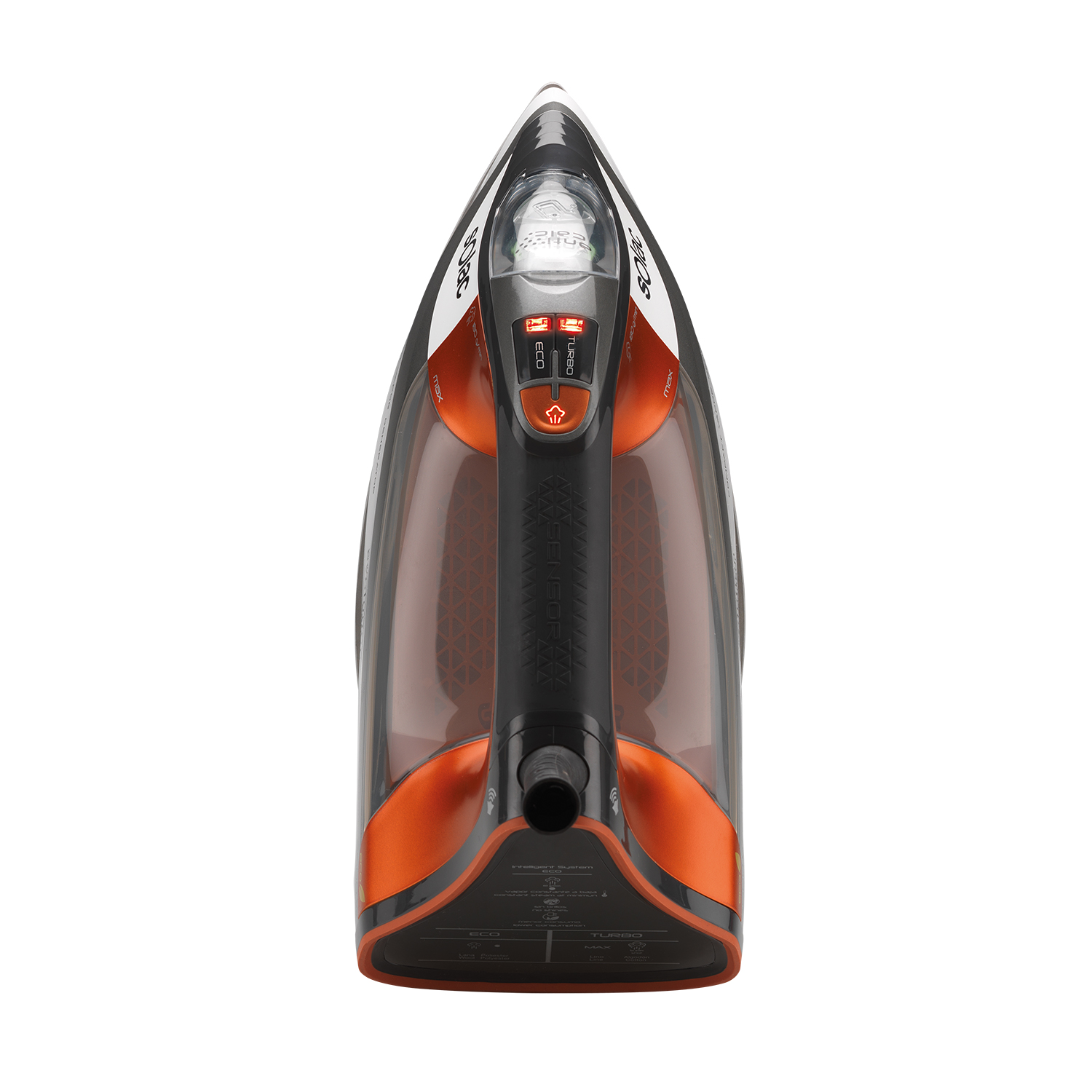 Ein Bügeleisen, Draufsicht, orange und schwarzes Design. Knöpfe, Wassertank, Netzkabel. Weißer Hintergrund.