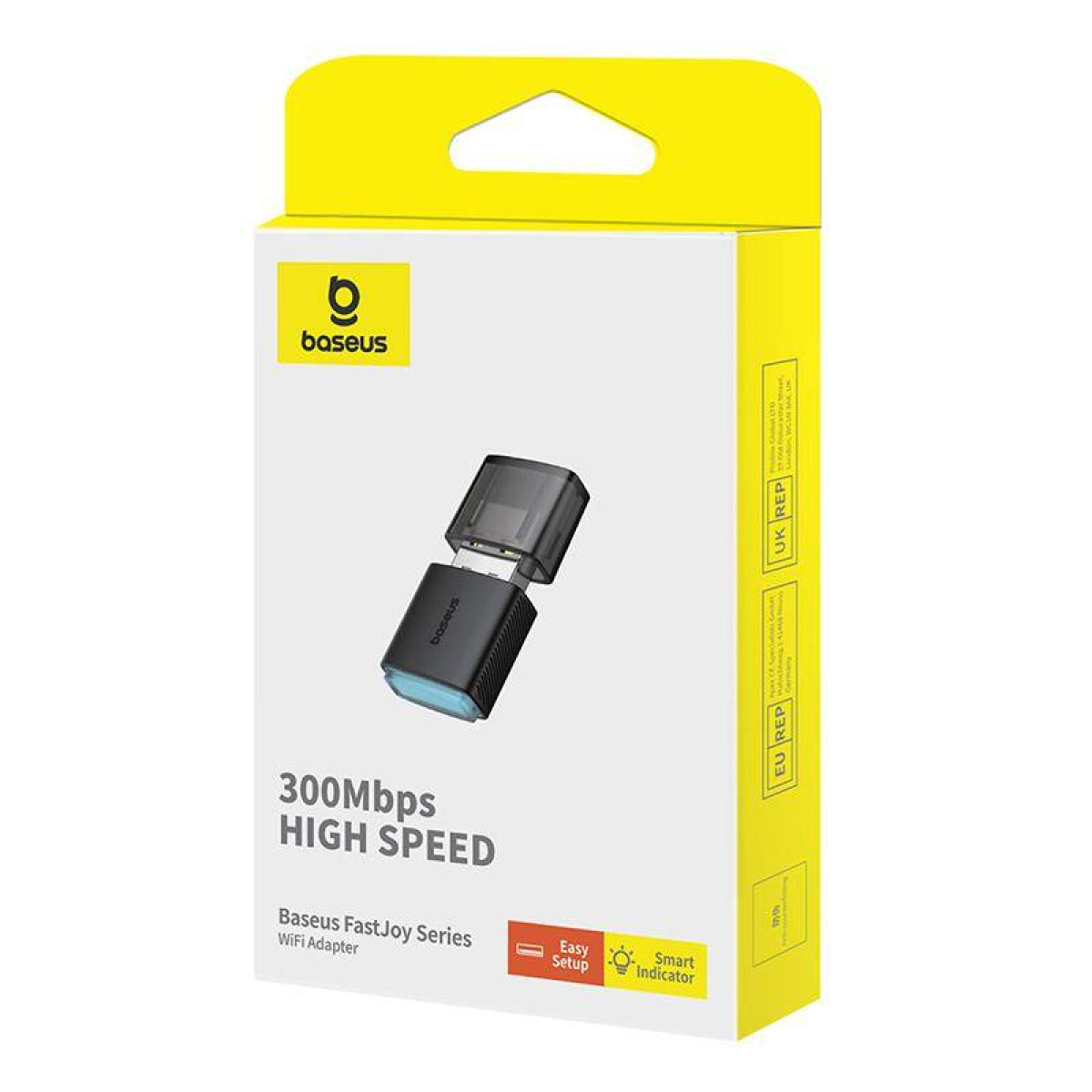 Eine weiß-gelbe Schachtel mit einem Baseus Wi-Fi-Adapter, mit einem schwarzen Adapter.