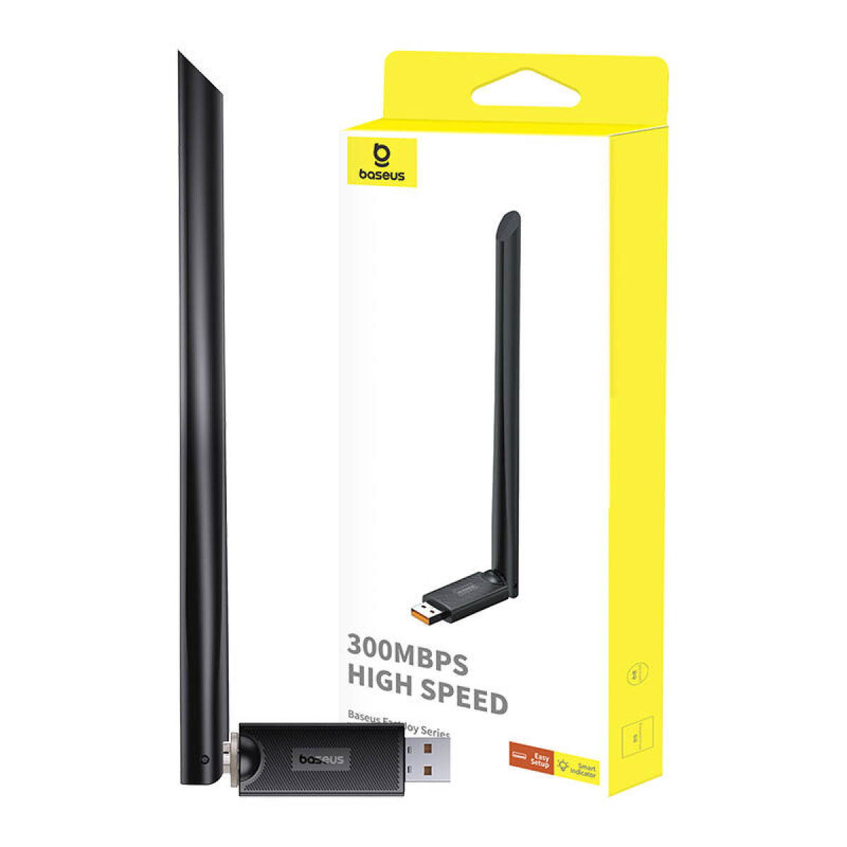 Ein drahtloser USB-Adapter in einer gelben Box mit Antenne.
