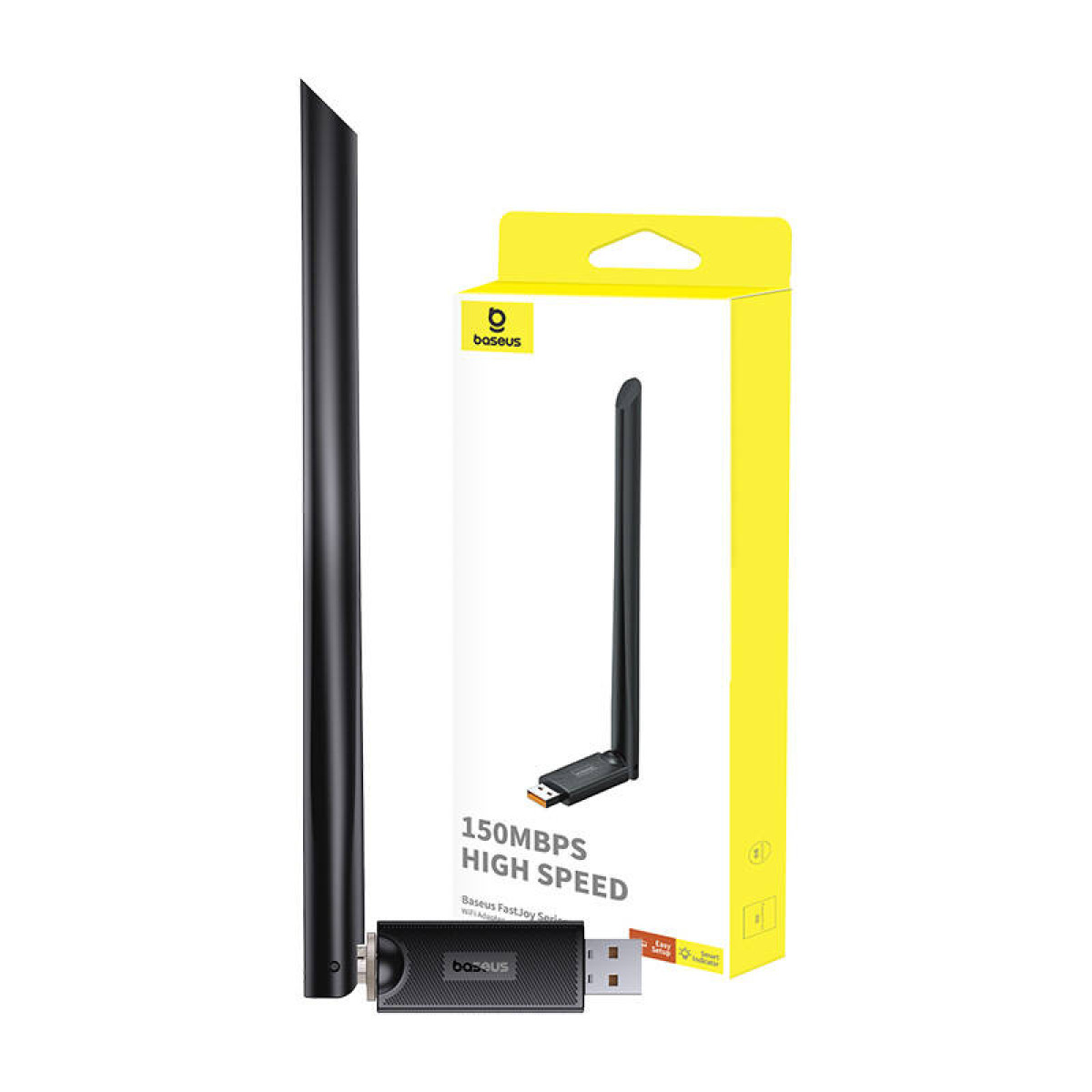 Ein schwarzer USB-WLAN-Adapter und eine Box, mit einer langen Antenne.