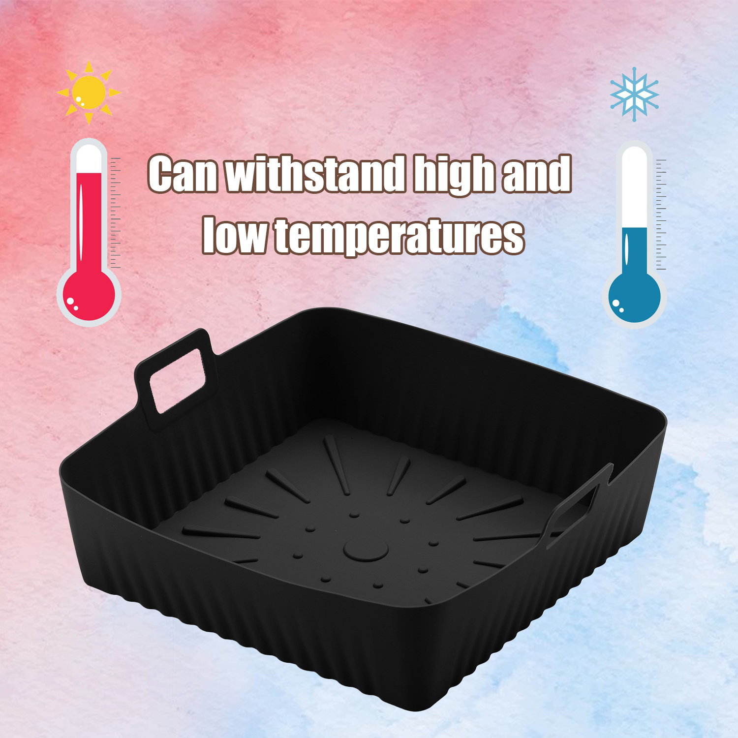Black air fryer basket with handles, on a gradient background with sun and snowflake icons.