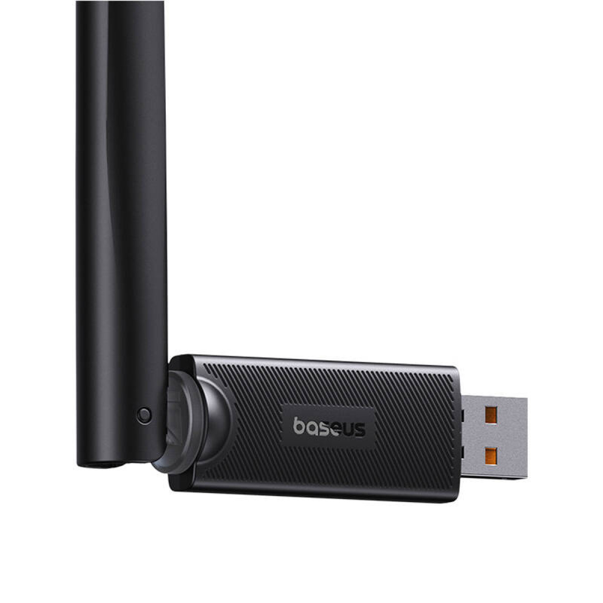 Black USB WiFi adapter with antenna. Baseus branding. White background.