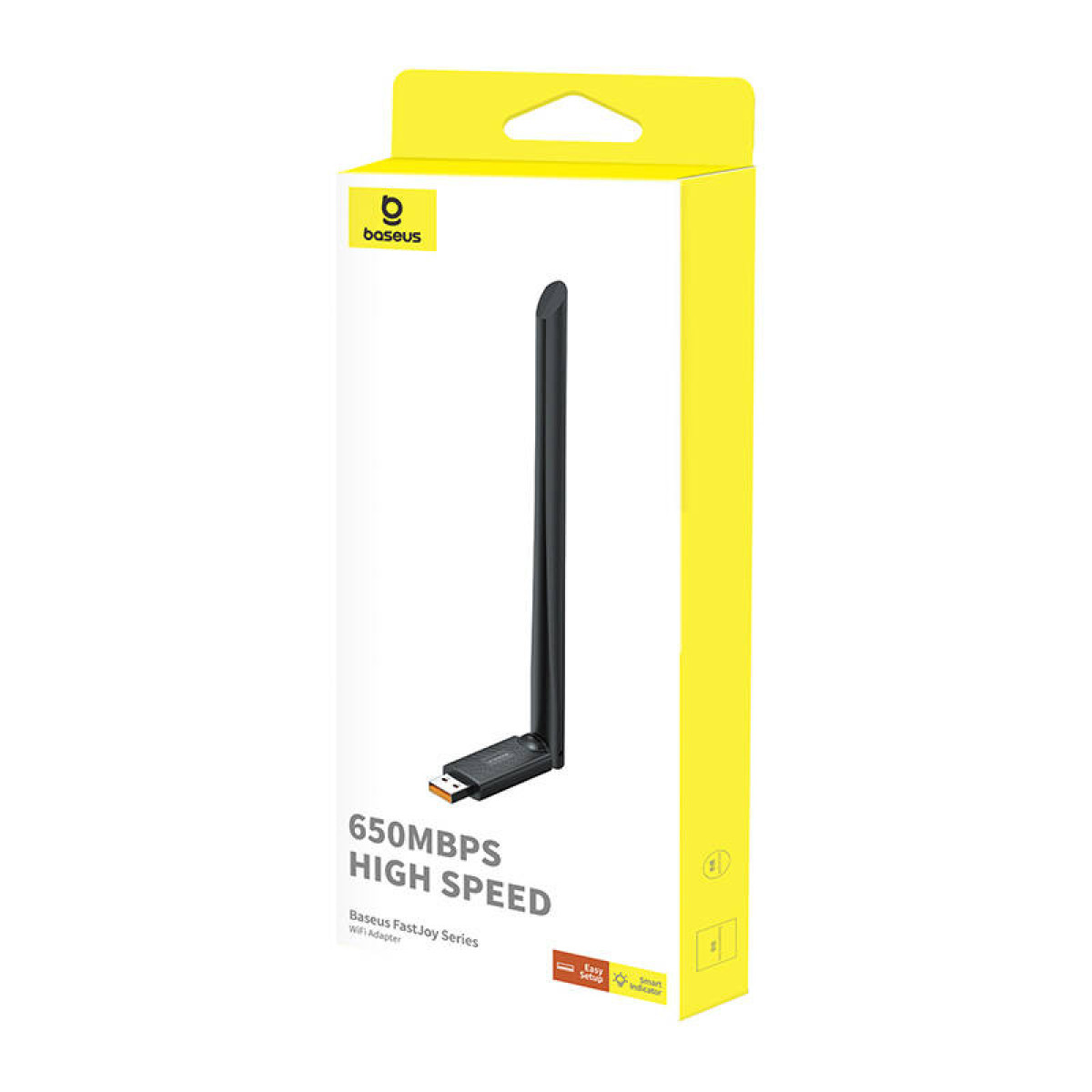 A wifi adapter in a box. It shows the device and its specifications on the box.