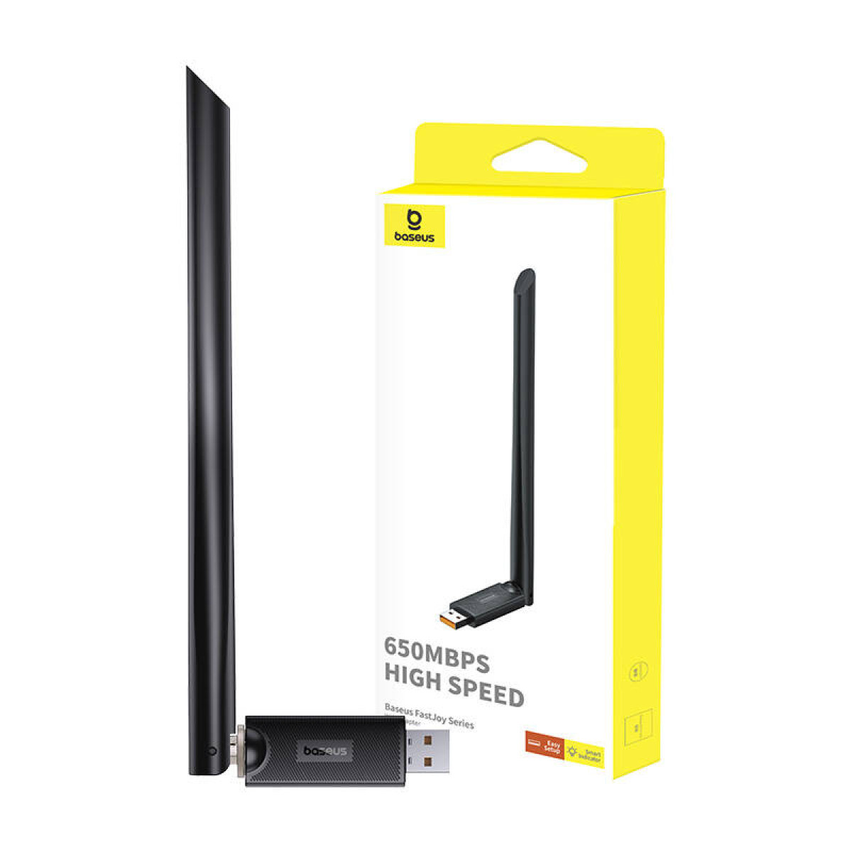 Baseus Wi-Fi adapter in a box, antenna to the left. High Speed 650MBPS.