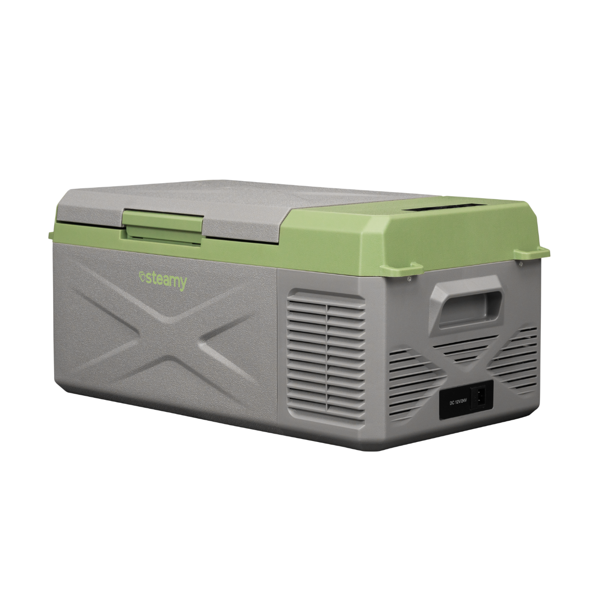 Un réfrigérateur portable gris et vert sur fond noir. Il est fermé et rectangulaire.