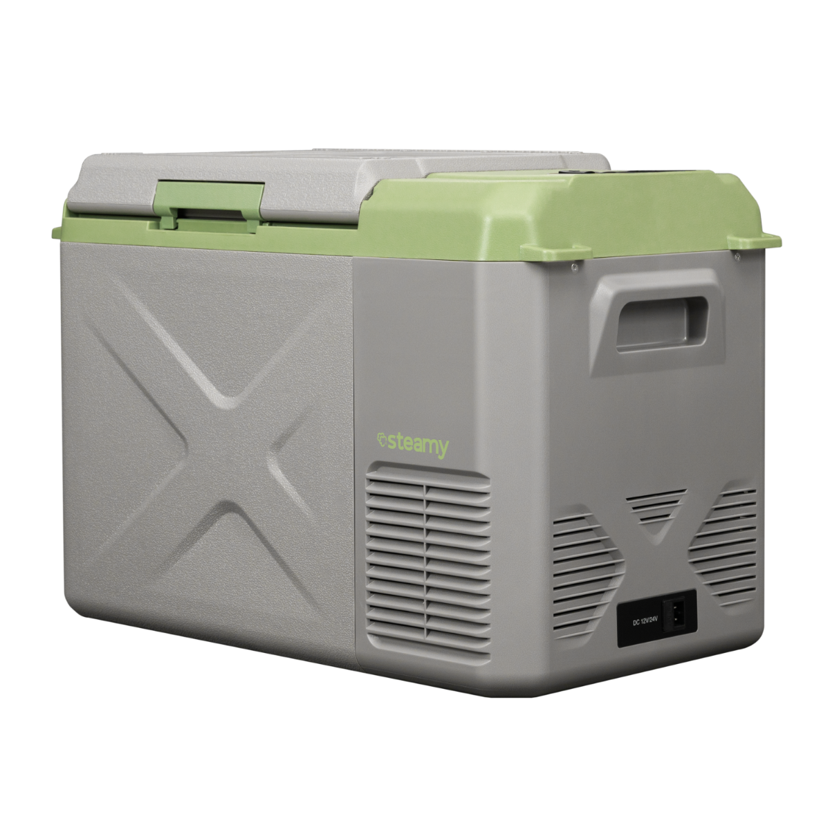 Grijze en groene draagbare koelkast. Heeft een handvat, ventilatie en DC 12V-poort.