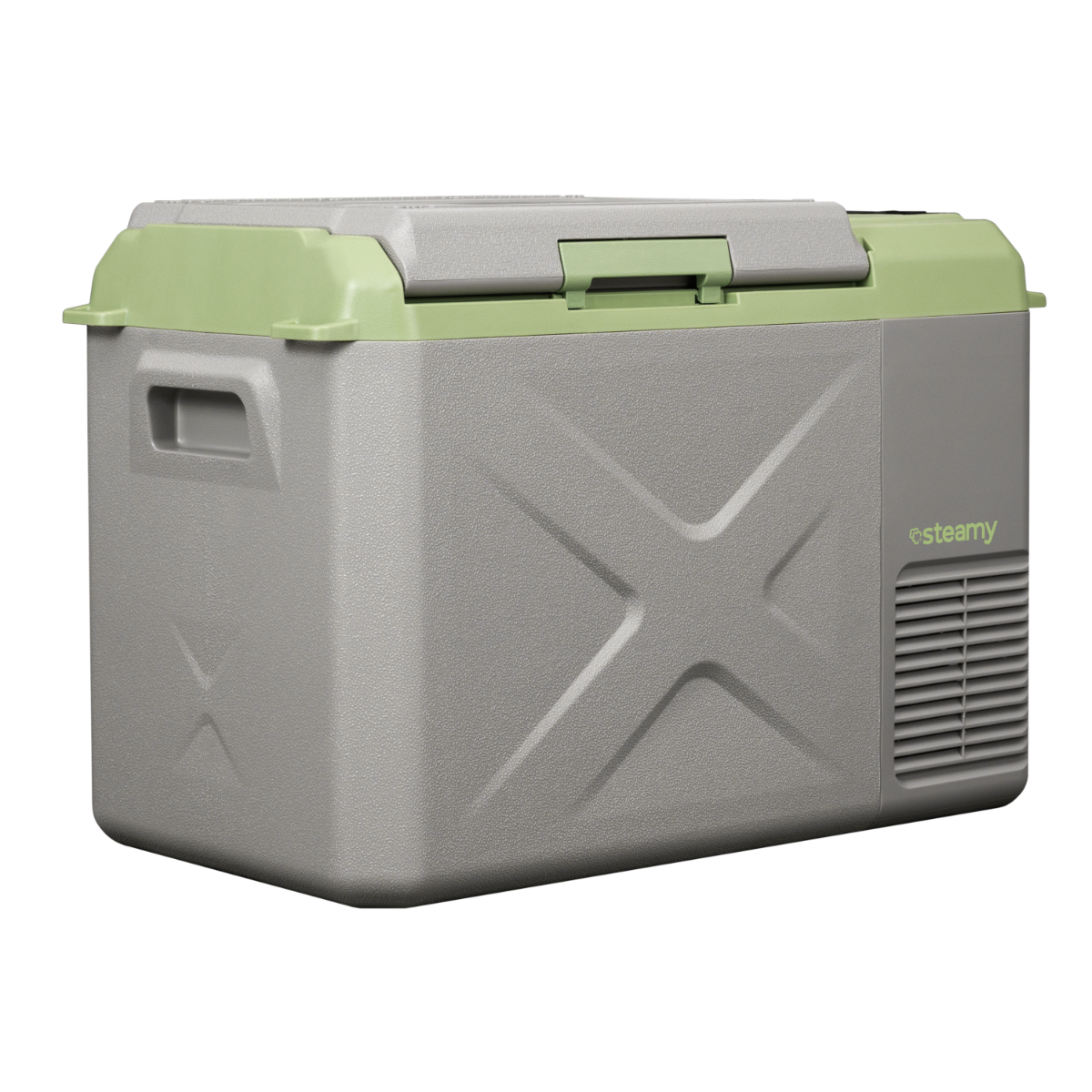 Een grijze en groene draagbare koelbox op een zwarte achtergrond. De zijkant heeft het woord 'esteamy'.