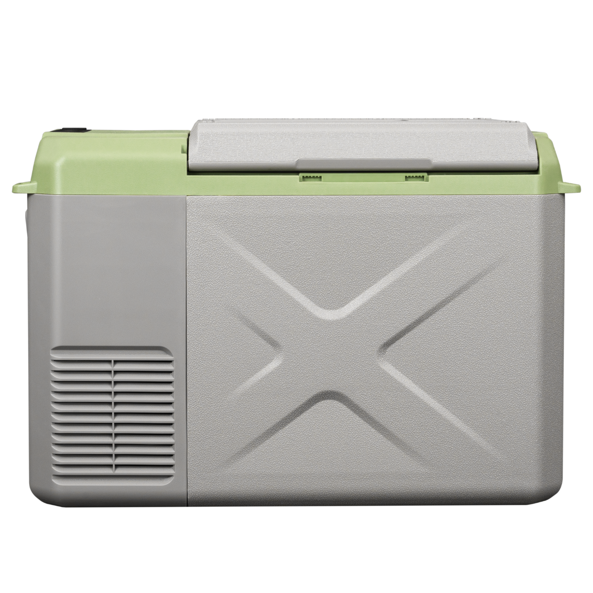 Een grijze en groene koeler met een wit X-ontwerp op de voorkant, geïsoleerd op zwart.
