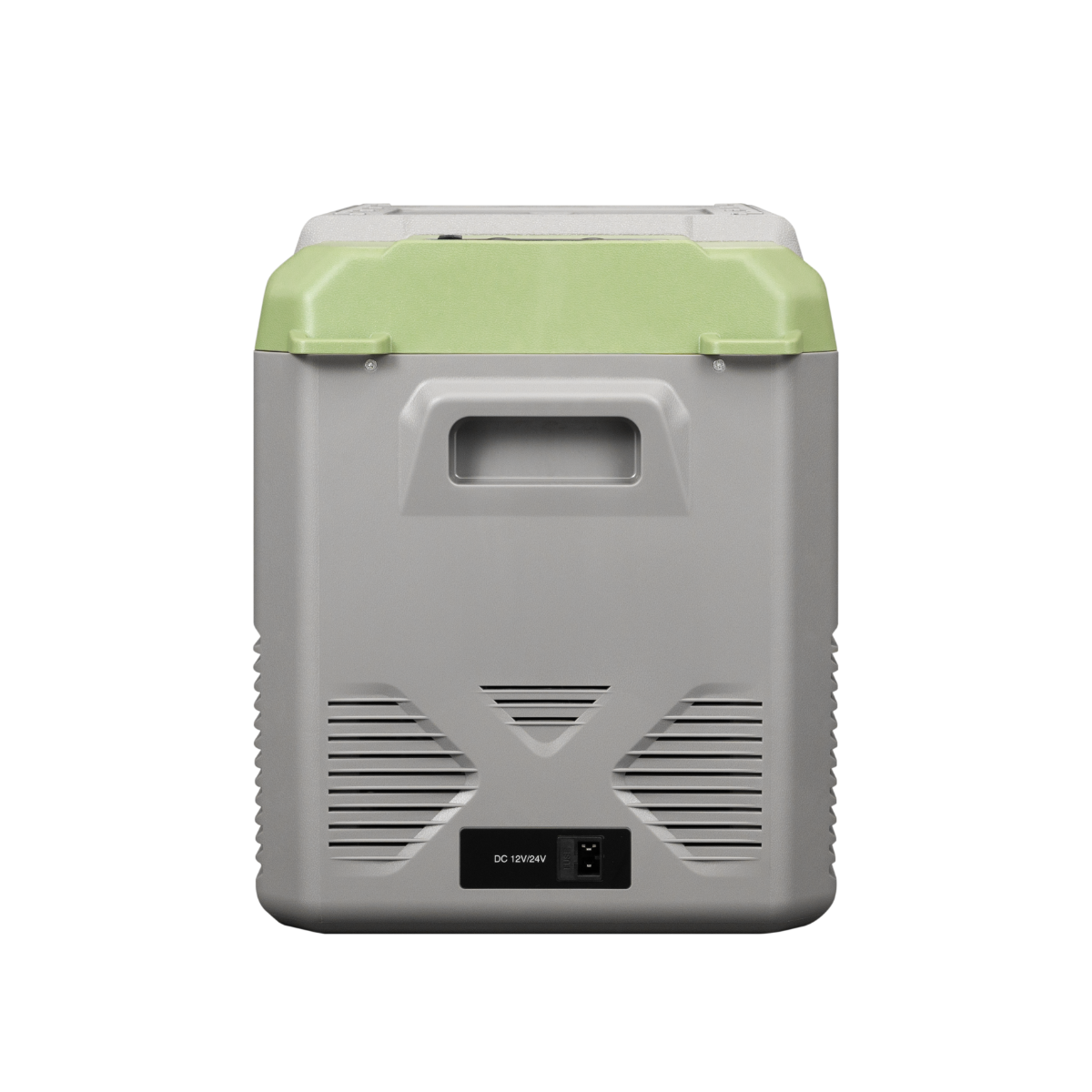 Een grijze en groene draagbare koelkast tegen een zwarte achtergrond. De DC-ingang is zichtbaar.