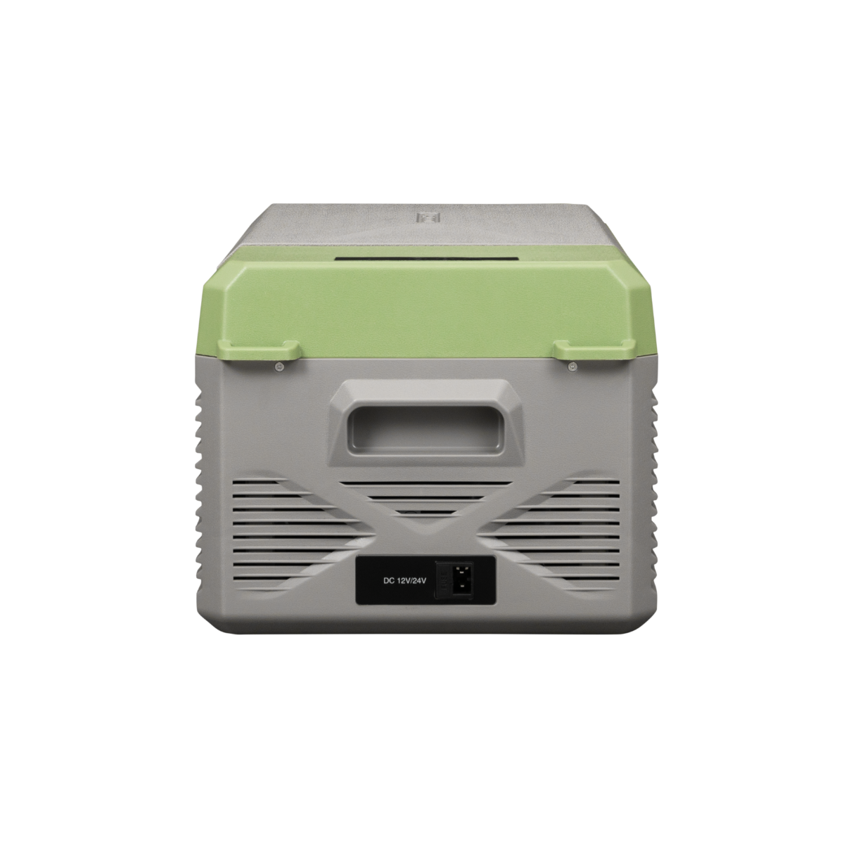 Une glacière portable grise et verte. Une entrée DC 12/24V à l'arrière.