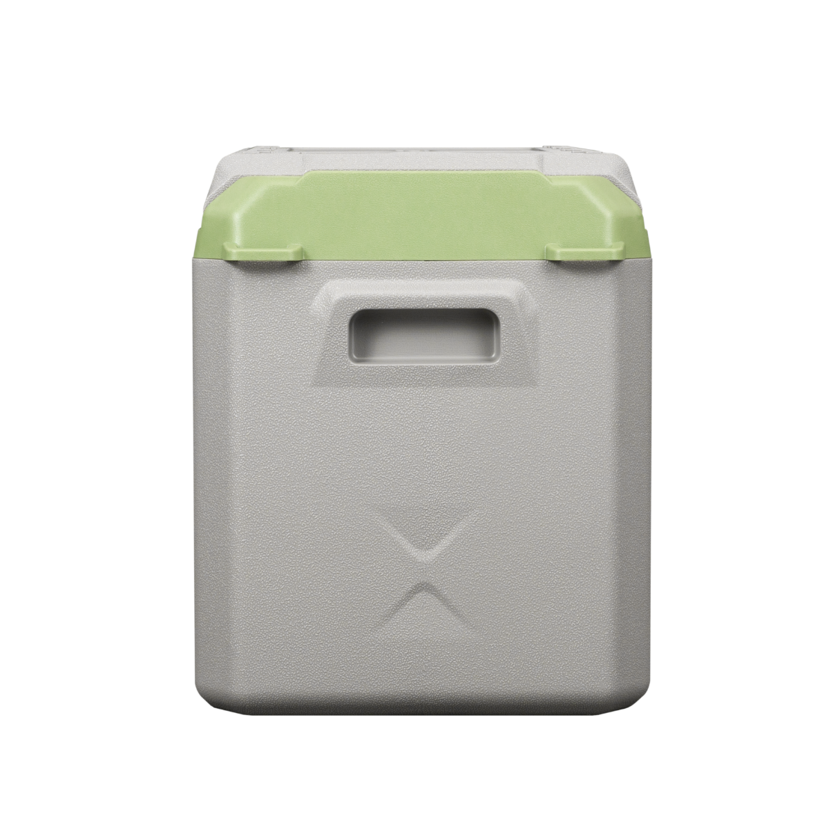 Grijze en groene koelbox tegen een zwarte achtergrond.