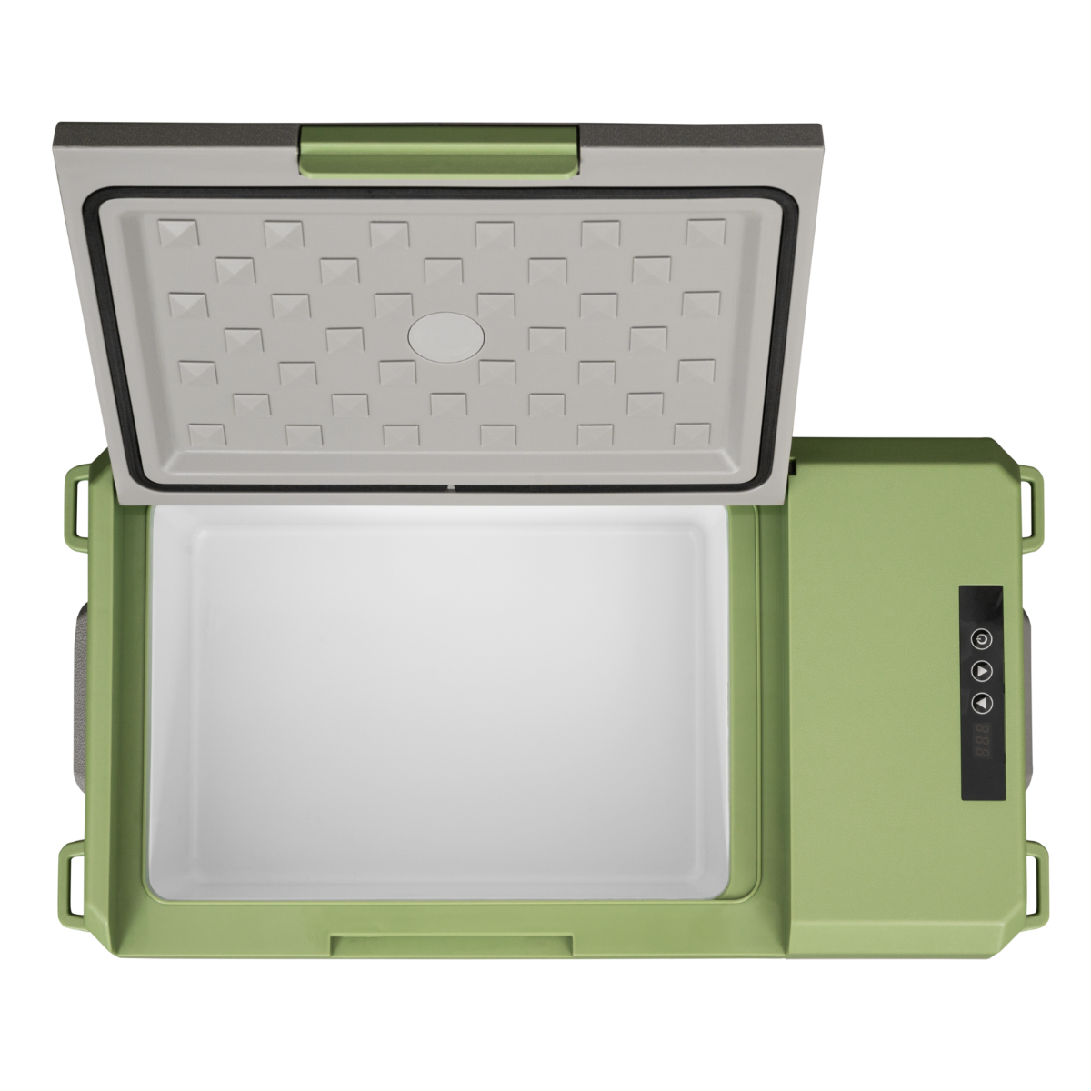 Glacière portable verte, couvercle ouvert, intérieur blanc et panneau de contrôle.