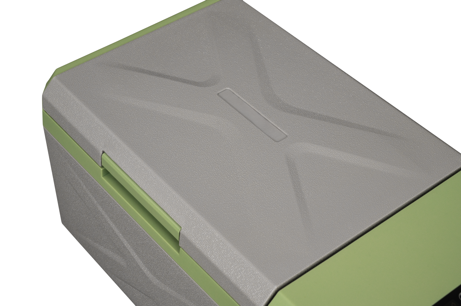 Un réfrigérateur portable gris et vert avec une surface supérieure texturée.