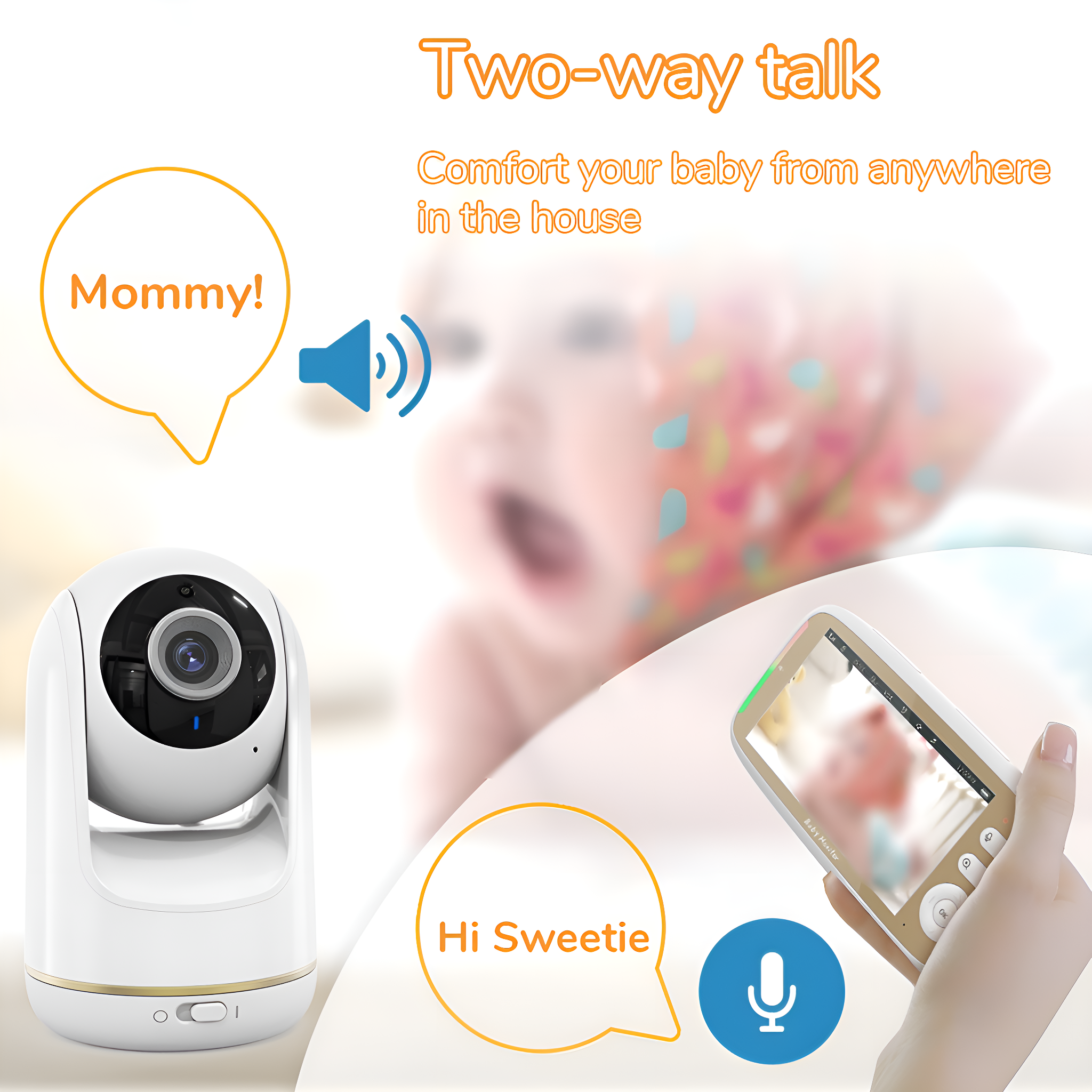 Weißer Babyphone, Babygesicht unscharf. Sprechblasen sagen 'Mommy!' und 'Hi Sweetie!'.