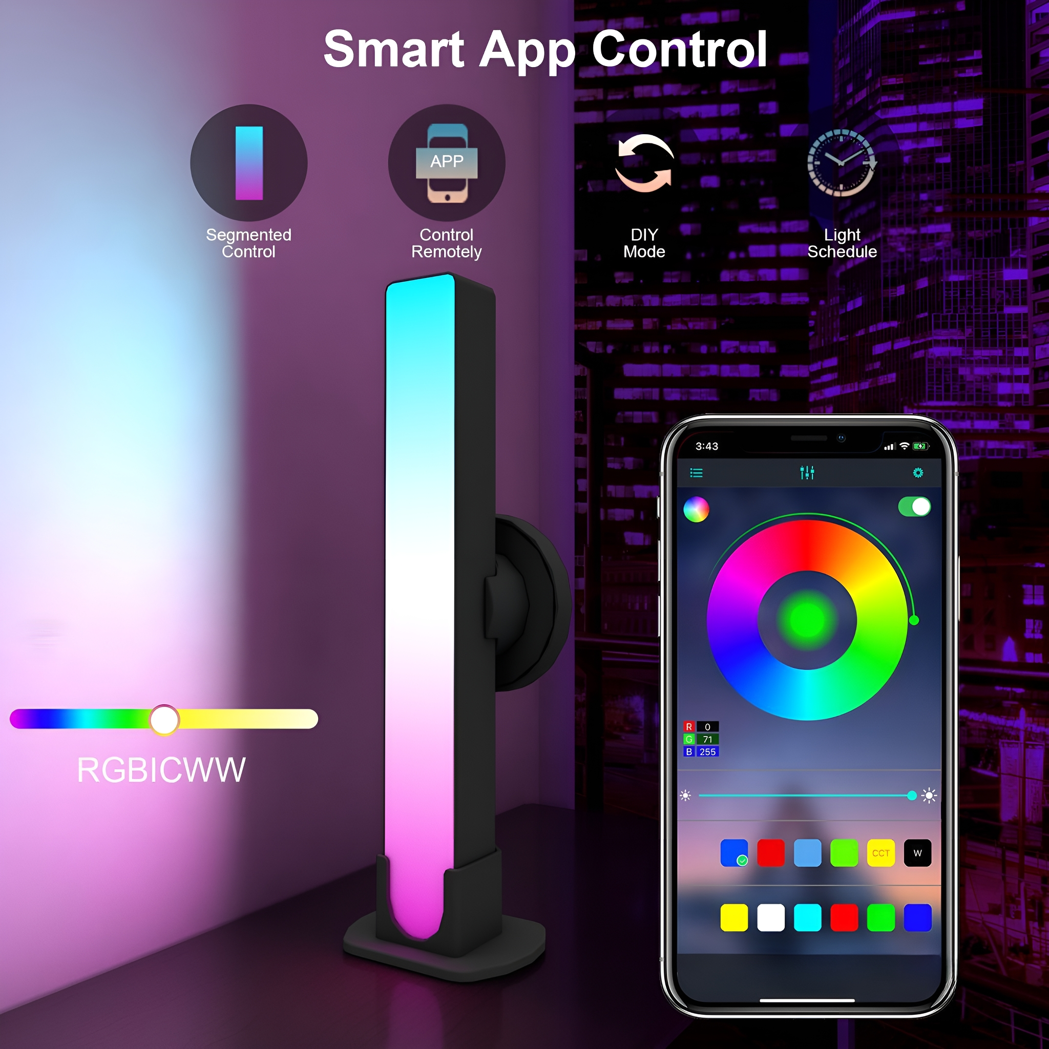 Eine vertikale LED-Leuchte mit App-Steuerung, neben einem Telefon, das ein Farbrad anzeigt.