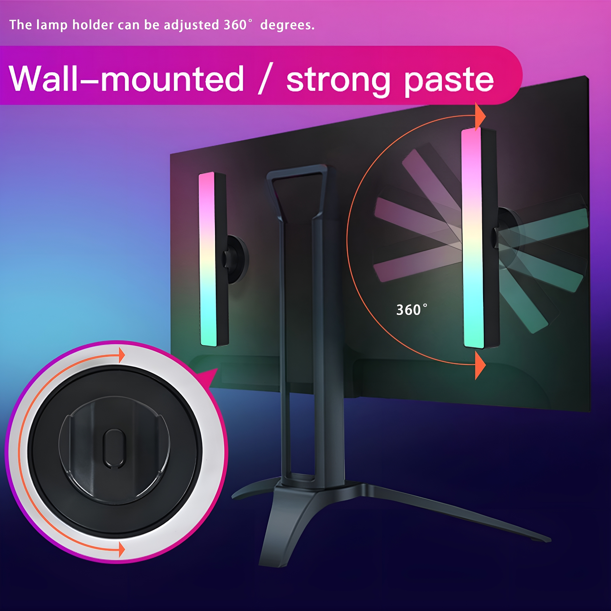Monitor mit LED-Leuchten an den Seiten und kreisförmiger Montagebasis.