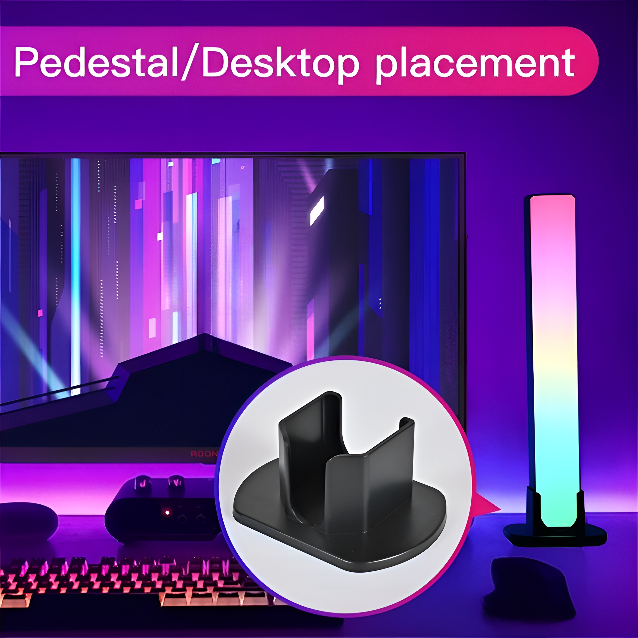 Schwarzer Ständer mit Monitor, Lichtleiste und Tastatur auf violettem Hintergrund.