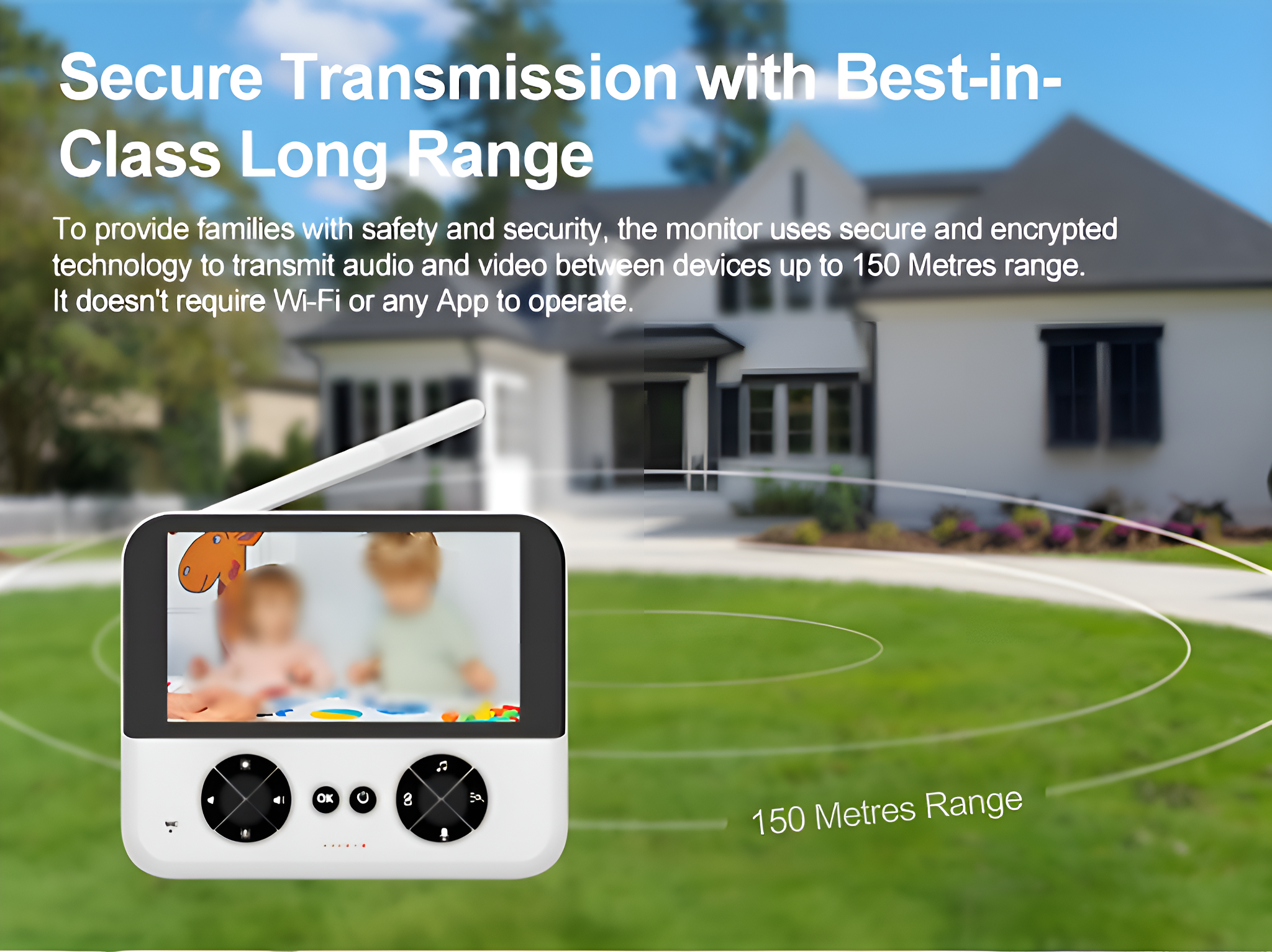 Babyphone, Display zeigt verschwommene Bilder, Text-Overlay und Haus im Hintergrund.