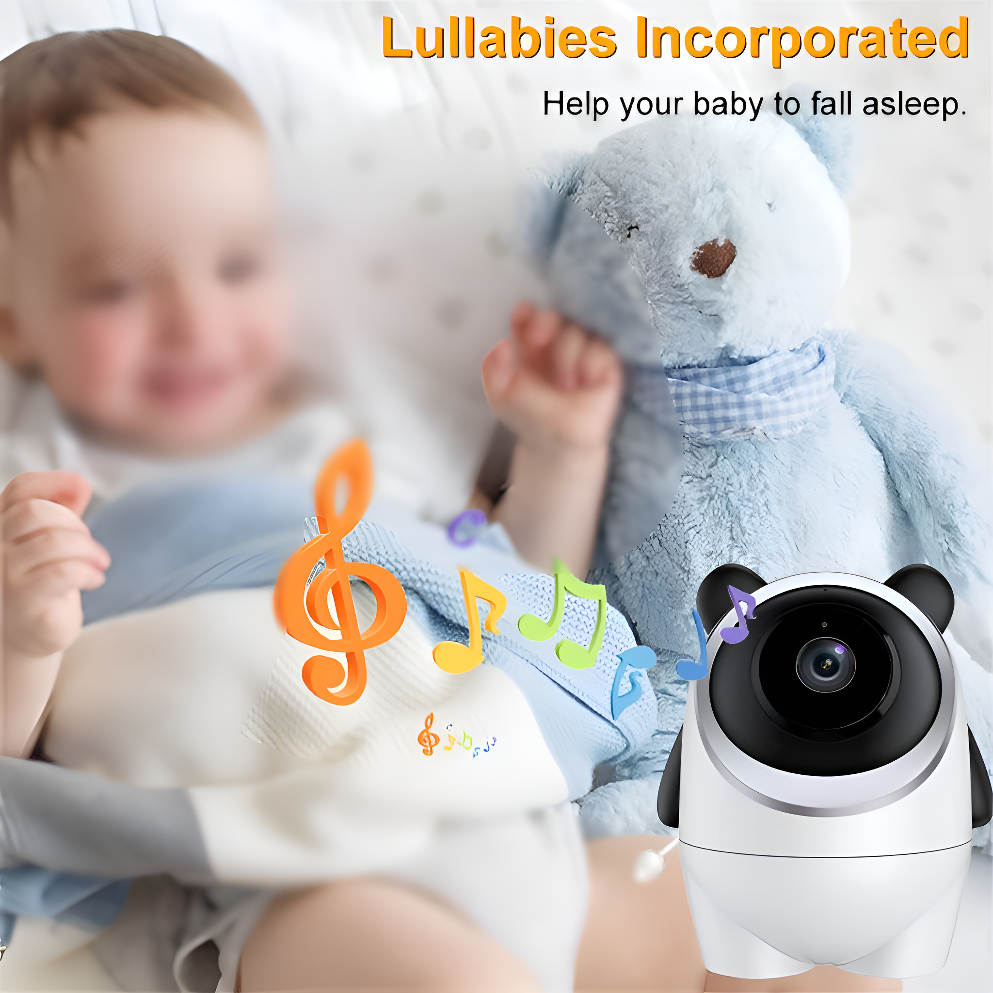 Ein Babyphone mit Panda-Kopf und ein Baby im Bett mit Noten.