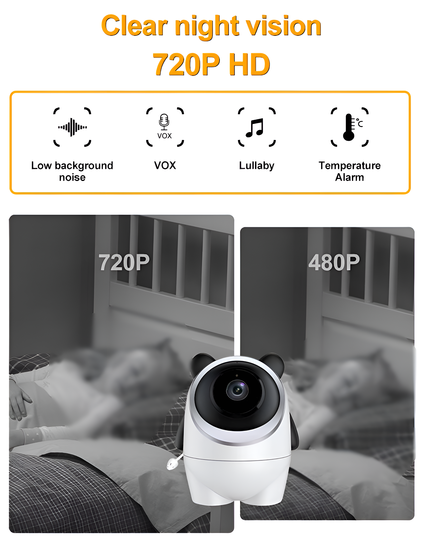 Babyphone mit Panda-Kamera, die Funktionen zeigt, und ein schlafendes Baby.