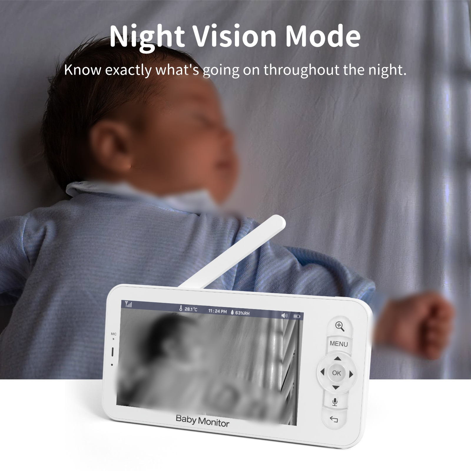 Babyphone, das ein schlafendes Baby in Schwarzweiß zeigt. Weißer Monitor auf weißem Hintergrund.