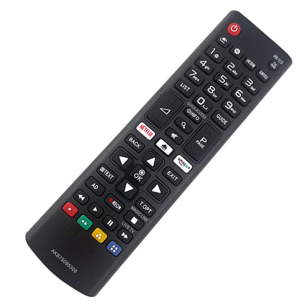 Schwarze TV-Fernbedienung mit vielen Knöpfen. Roter Ein/Aus-Knopf oben. Markenname nicht sichtbar.