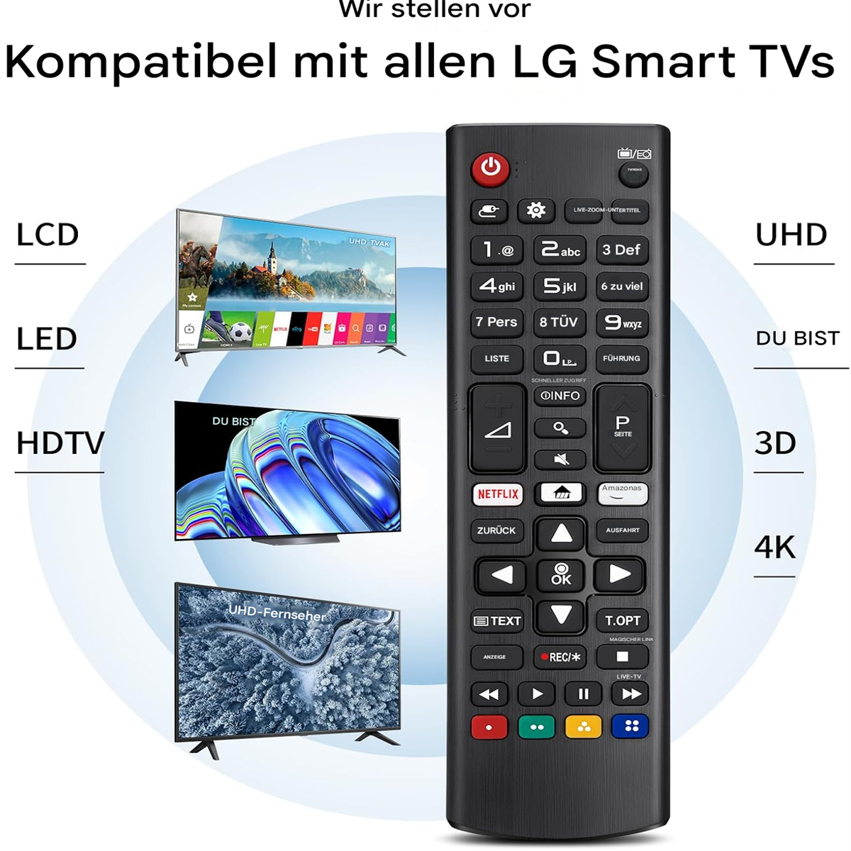 Schwarze Fernbedienung mit vielen Tasten und LG-Logo, mit Fernsehern im Hintergrund.