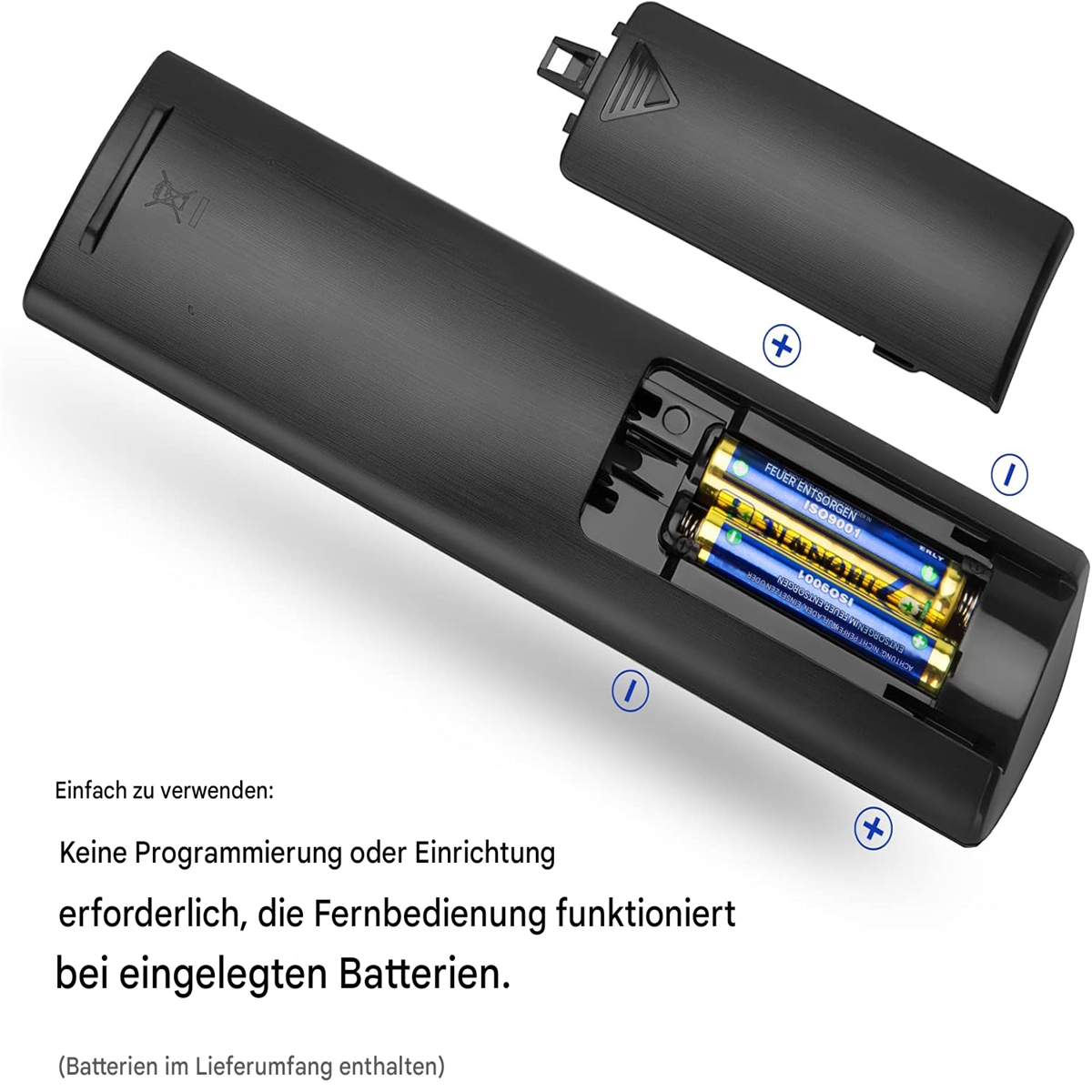 Schwarze Fernbedienung mit Batterien. Text: Keine Programmierung erforderlich, funktioniert mit Batterien.