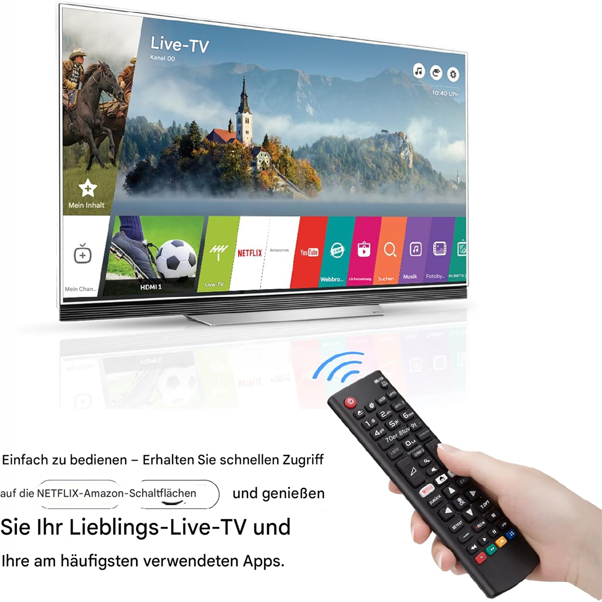Flachbildfernseher mit Fernbedienung. Zeigt Fernsehbild und Hand mit Fernbedienung.