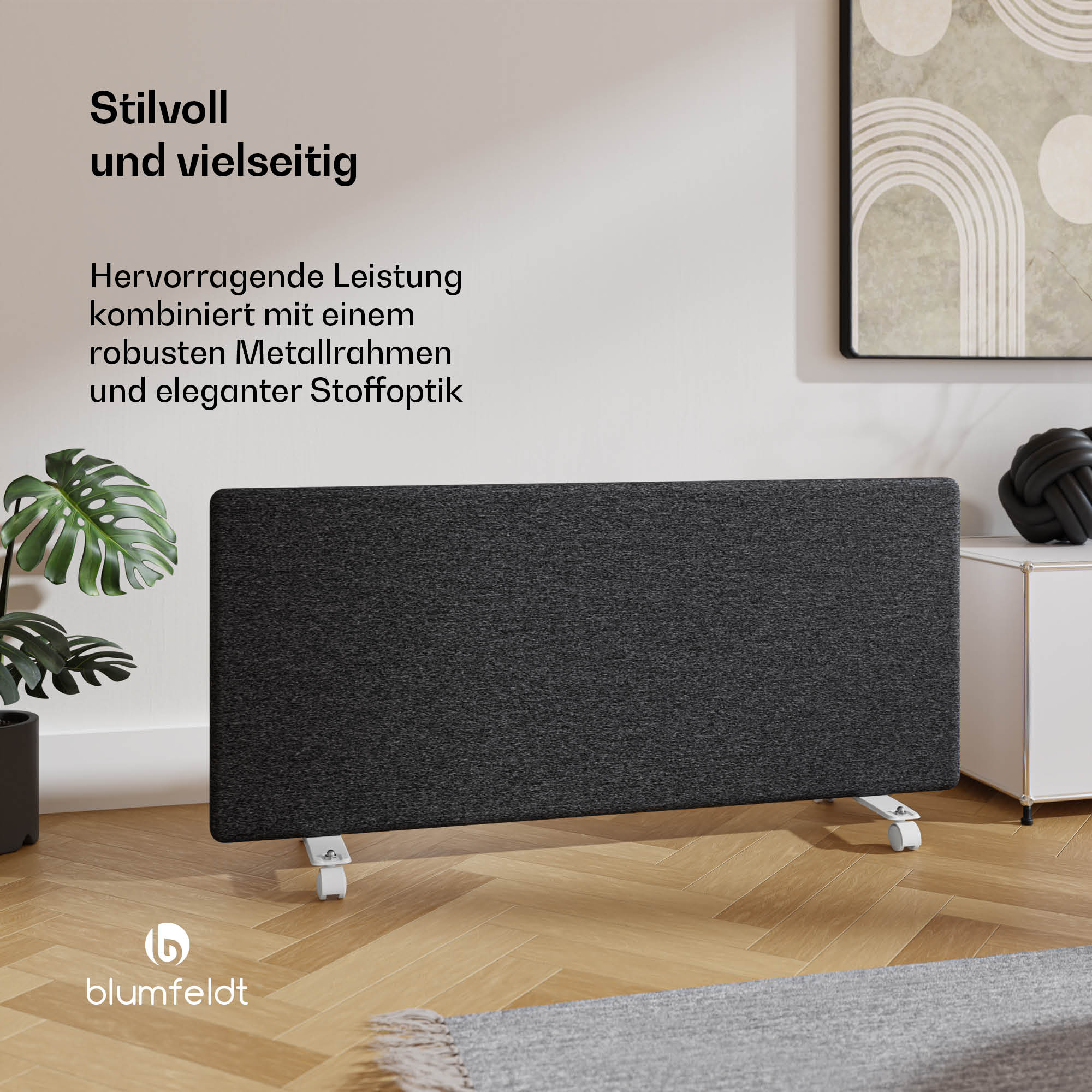 Schwarze Heizung mit Stofffront. Text auf Deutsch oben links.