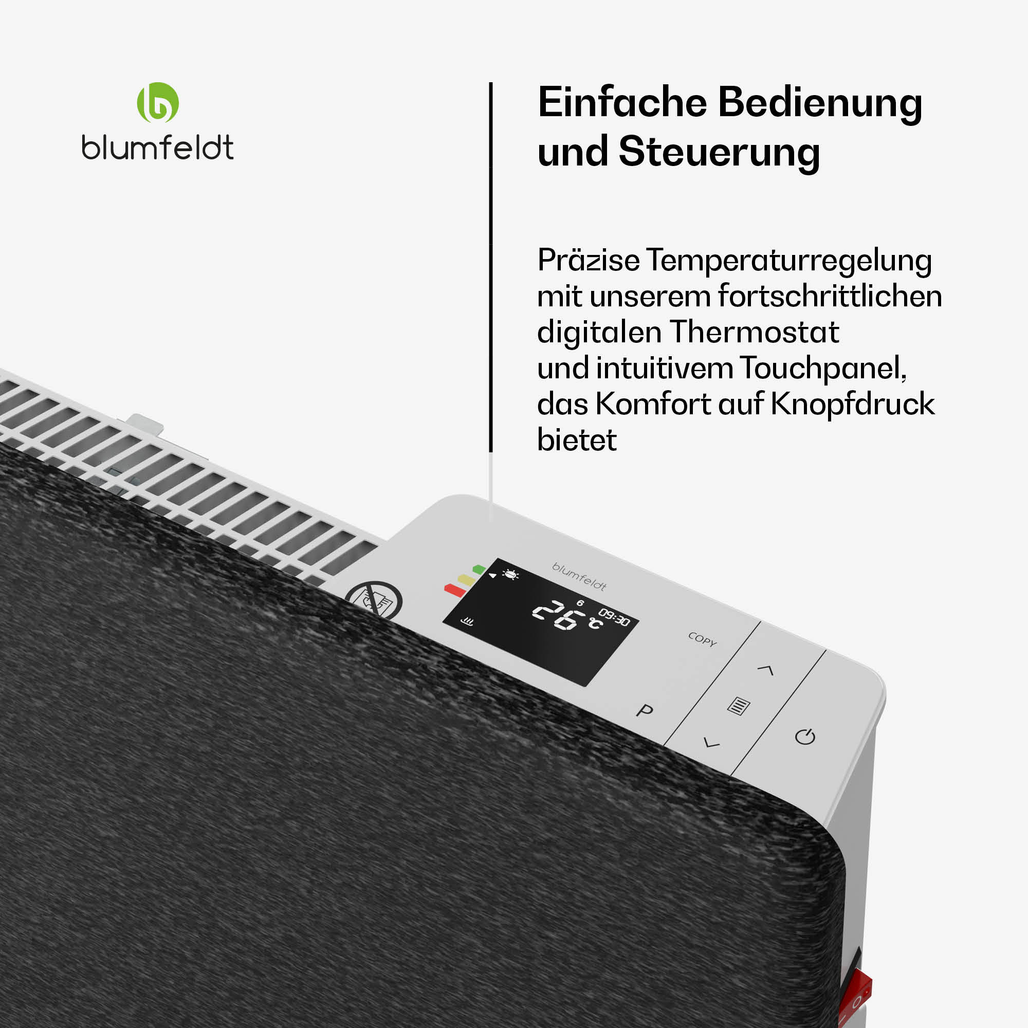 Schwarze Elektroheizung mit Digitalanzeige: 26 Grad. Text: "Einfache Bedienung und Steuerung."
