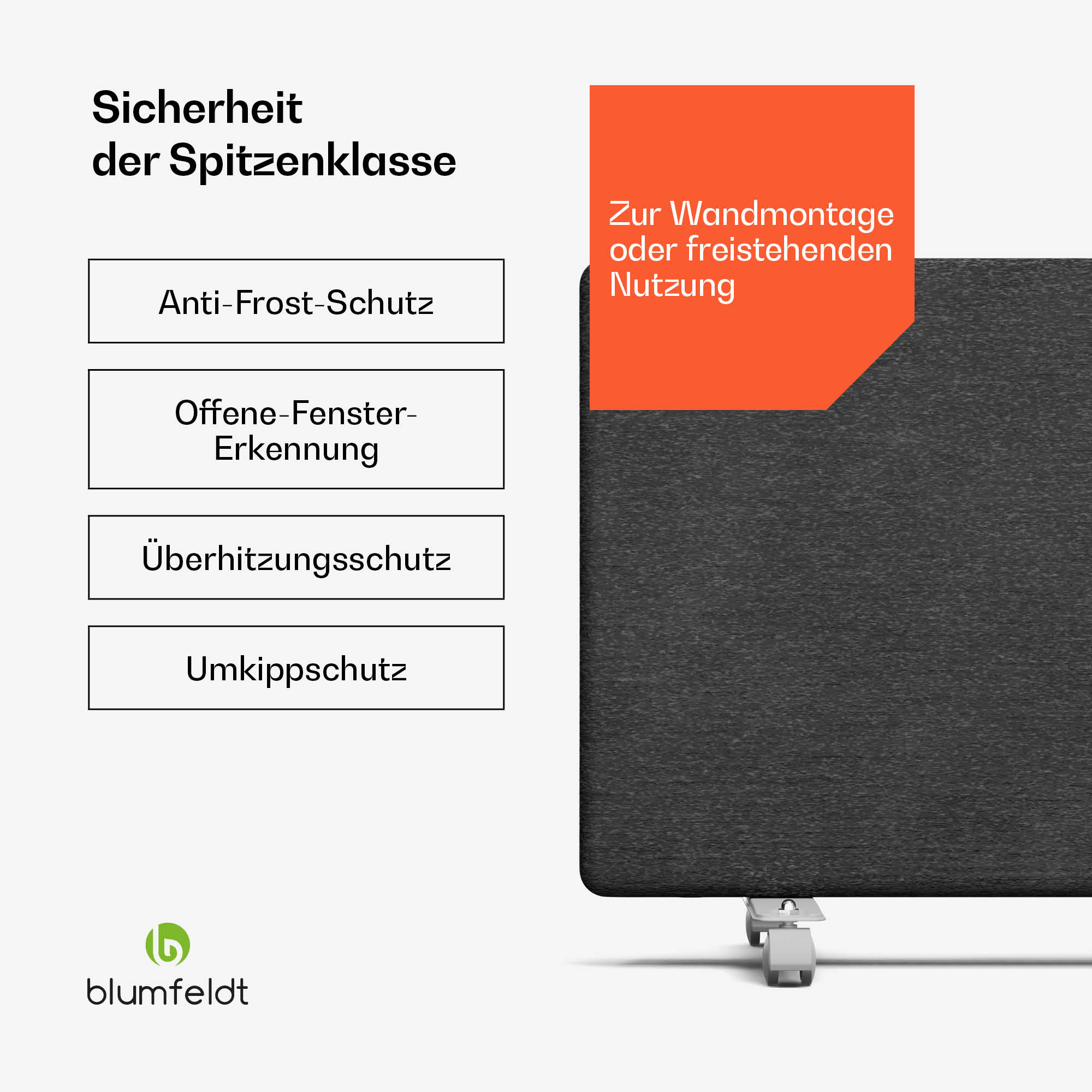 Schwarzer Heizlüfter mit Text: Anti-Frost, Fenster-Erkennung, Überhitzungsschutz und Umkippschutz.