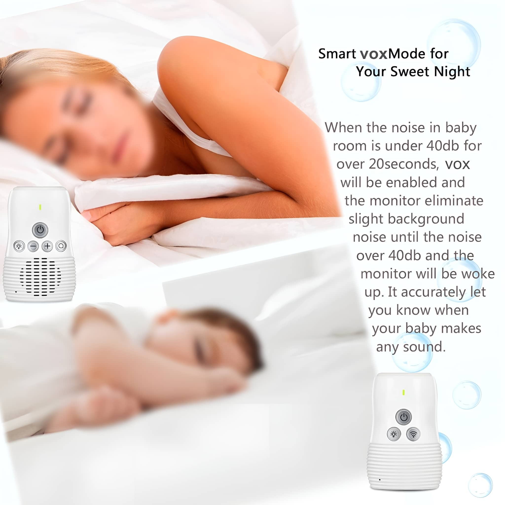 Zwei Babyphone und eine schlafende Frau und Kind, die die Funktion des Produkts zeigen.