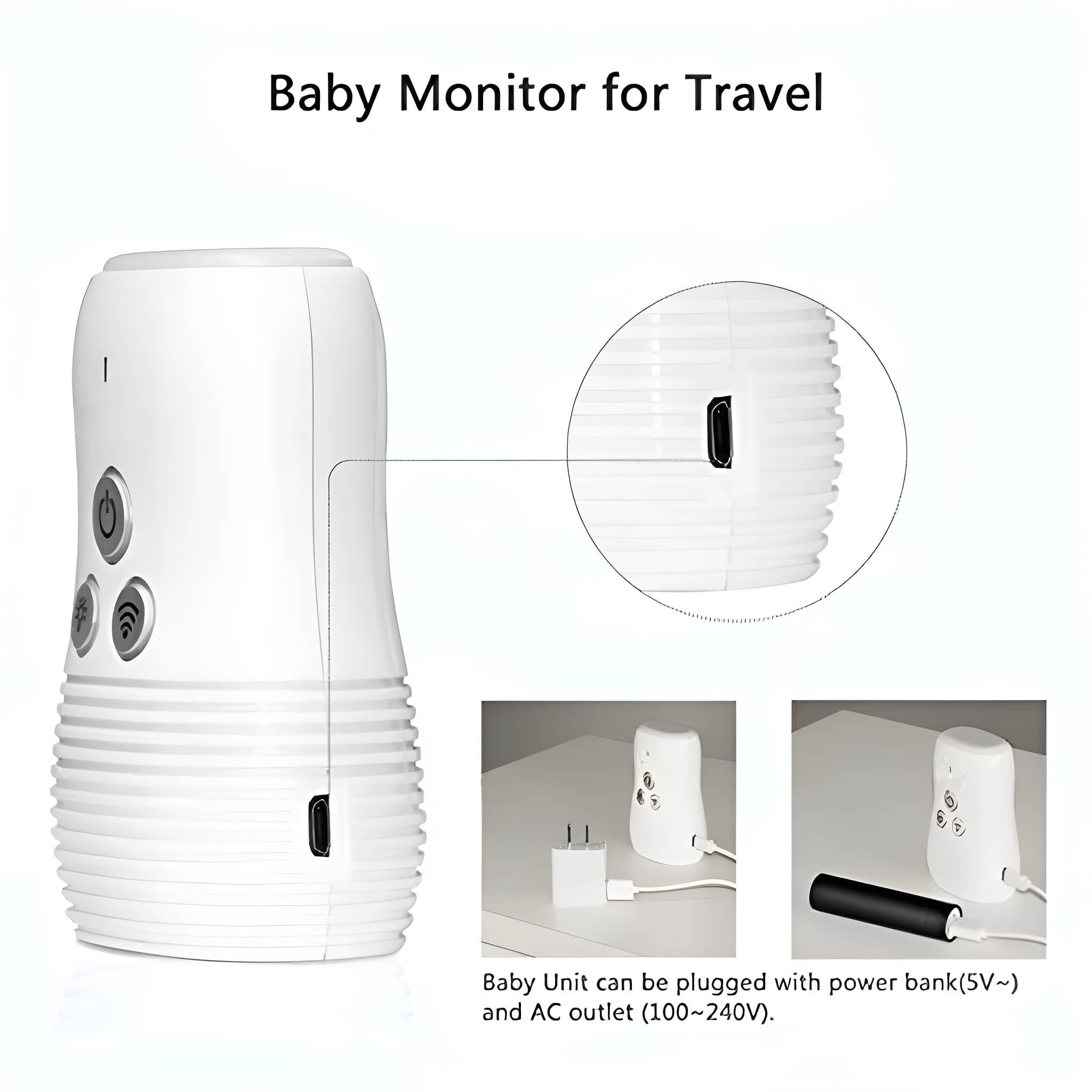Ein weißer Babyphone mit Nahaufnahme des Ladeanschlusses und ein Foto, das mit Powerbank geladen wird.