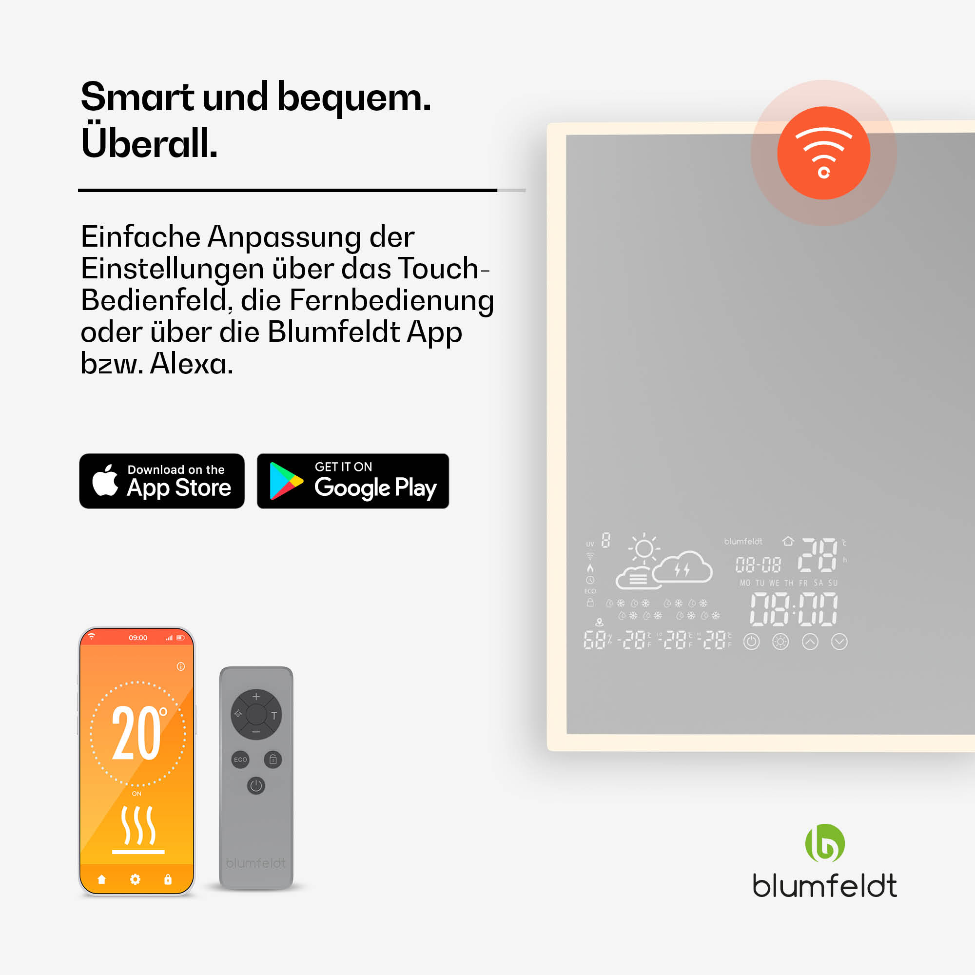 Smarter Spiegel mit Digitalanzeige, Smartphone und Fernbedienung.