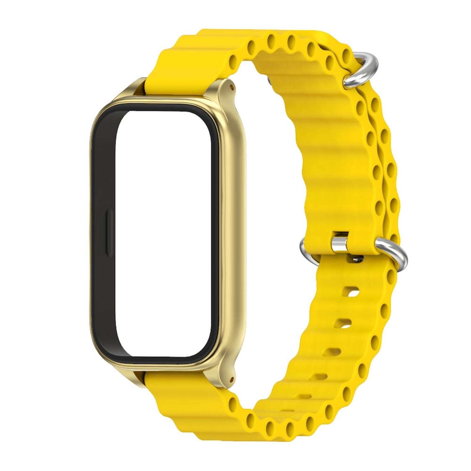 Ein gelbes Uhrenarmband mit goldenem Rahmen. Es hat ein einzigartiges Wellenmuster und einen Metallverschluss.